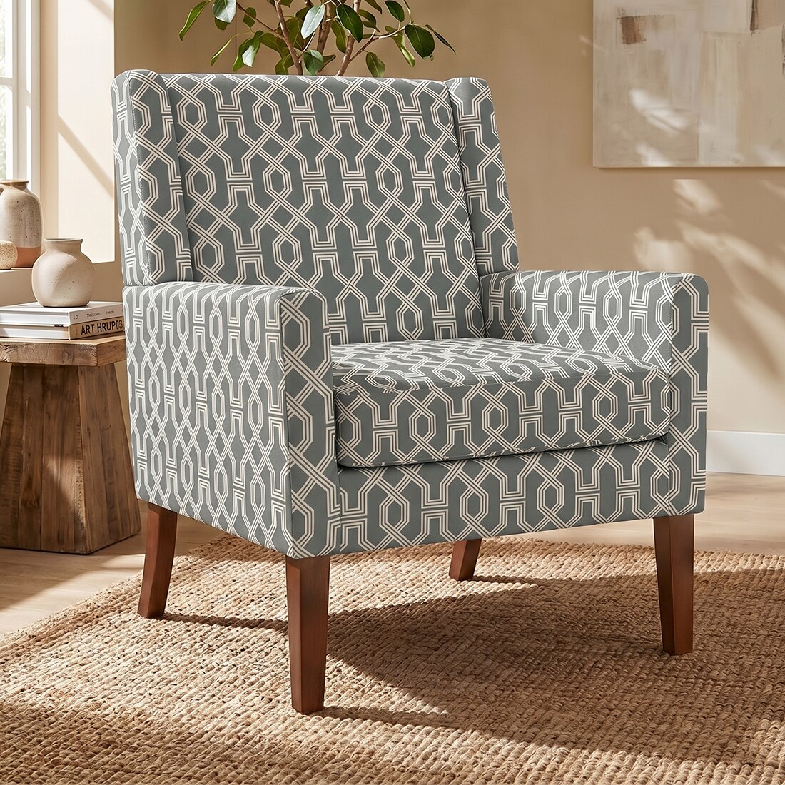 Leston Printed Infinity Grid Fabric Lounge Chair in Green Colour - KURSIWALLAH
