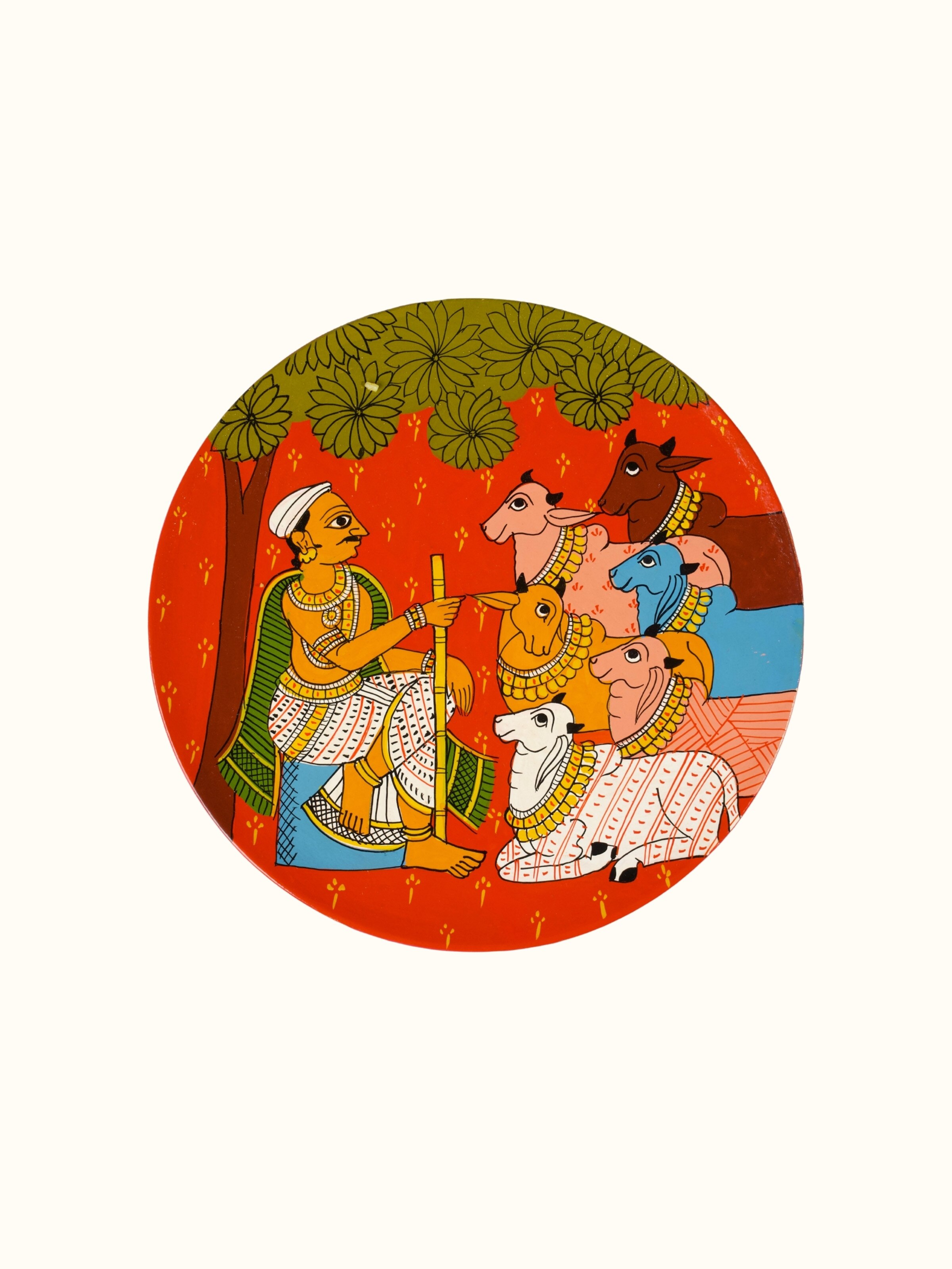 Front view of Cheriyal Cow Handpainted Display Plate