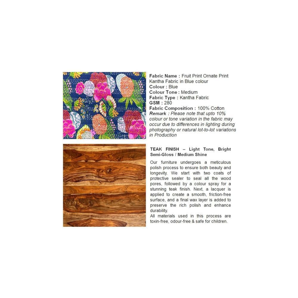 Roswell Sheesham Wood Mid Century Round Set of 2 Stools in Fruit Print Blue Kantha Upholstery
