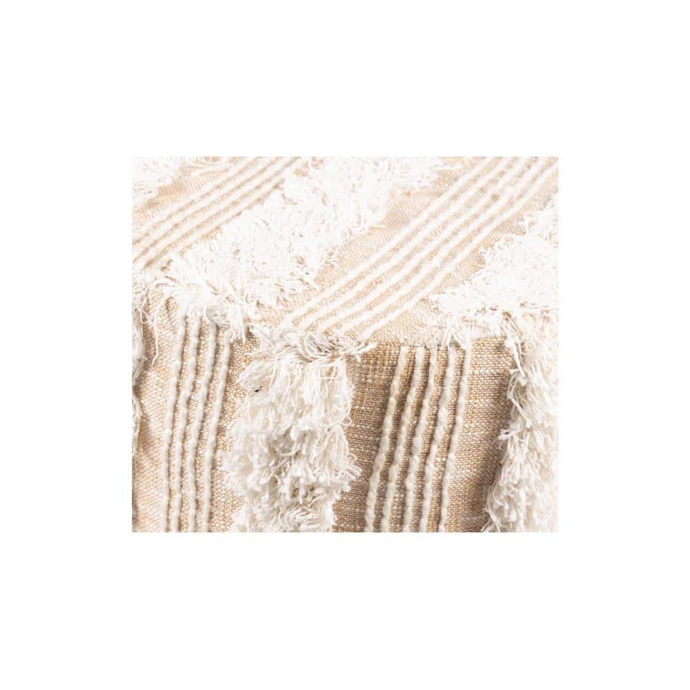 Louisville Acacia Wood Mid Century Round Set of 2 Pouf Stools in Beige Fabric