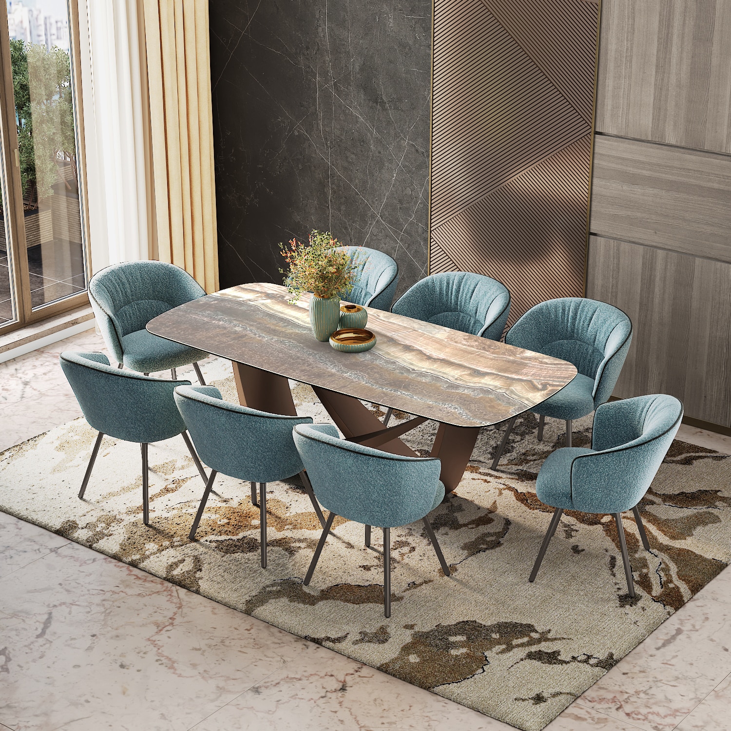 Paloma 8 Seater Jupiter Spanish Ceramic Dining Table With 8 Calix Dining Chairs (Finish : Jupiter Spanish Ceramic, Chair Colour : Powder Blue)