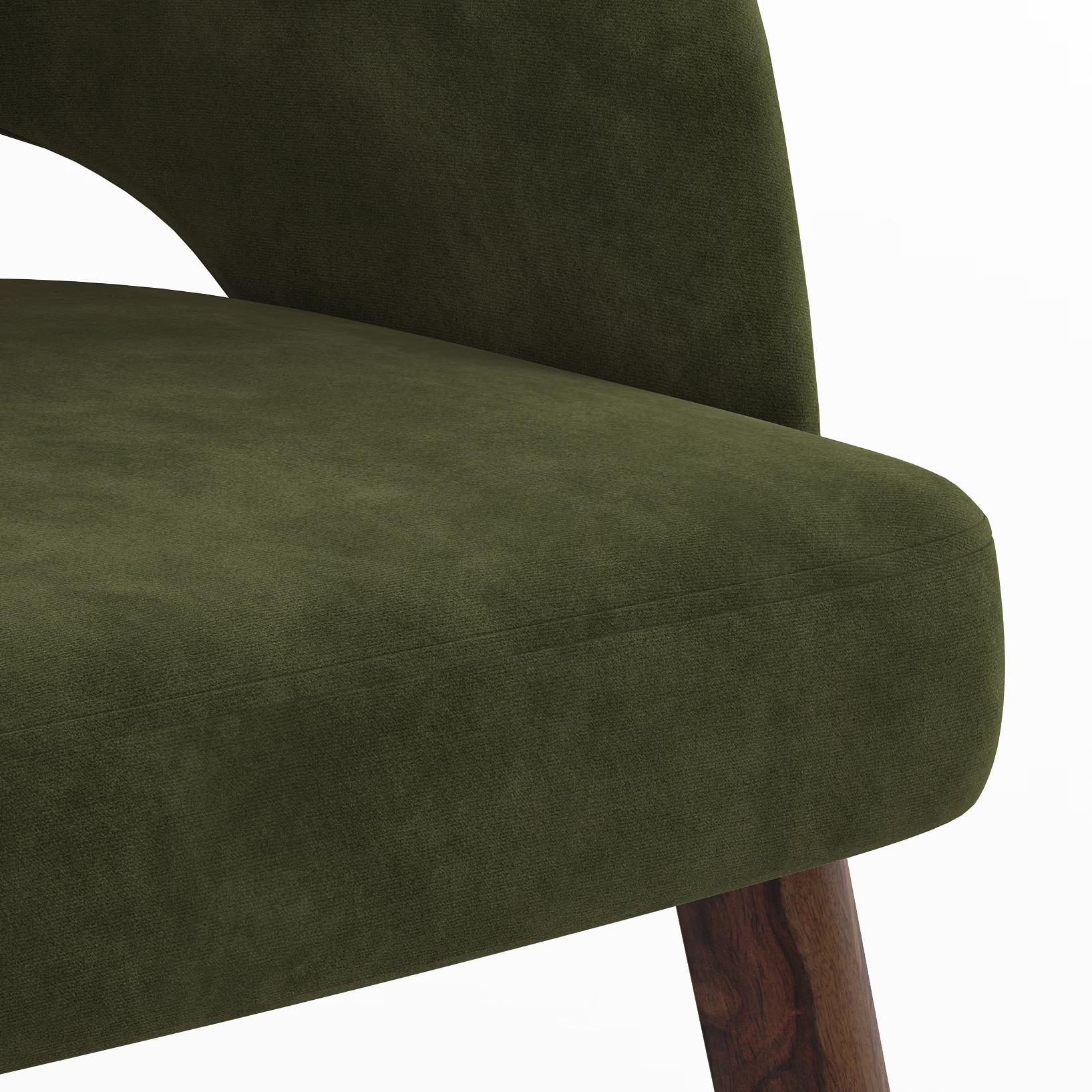 Atlas Solid Wood 6 Seater Compact Dining Table In Danish Walnut Finish with 6 Celia Dining Chair in Deep Olive Velvet Fabric