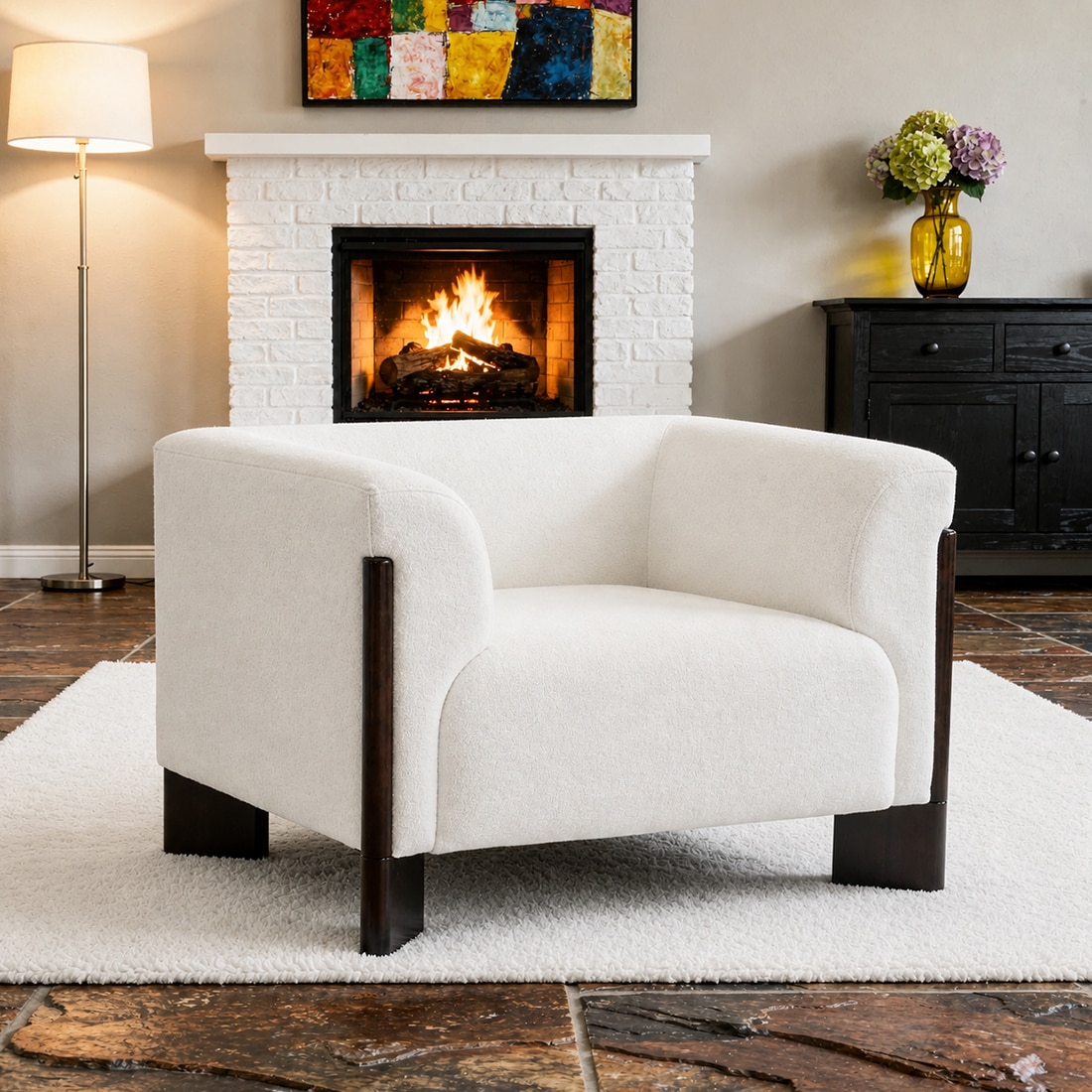 Octavia Boucle Fabric Lounge Chair in White - KURSIWALLAH