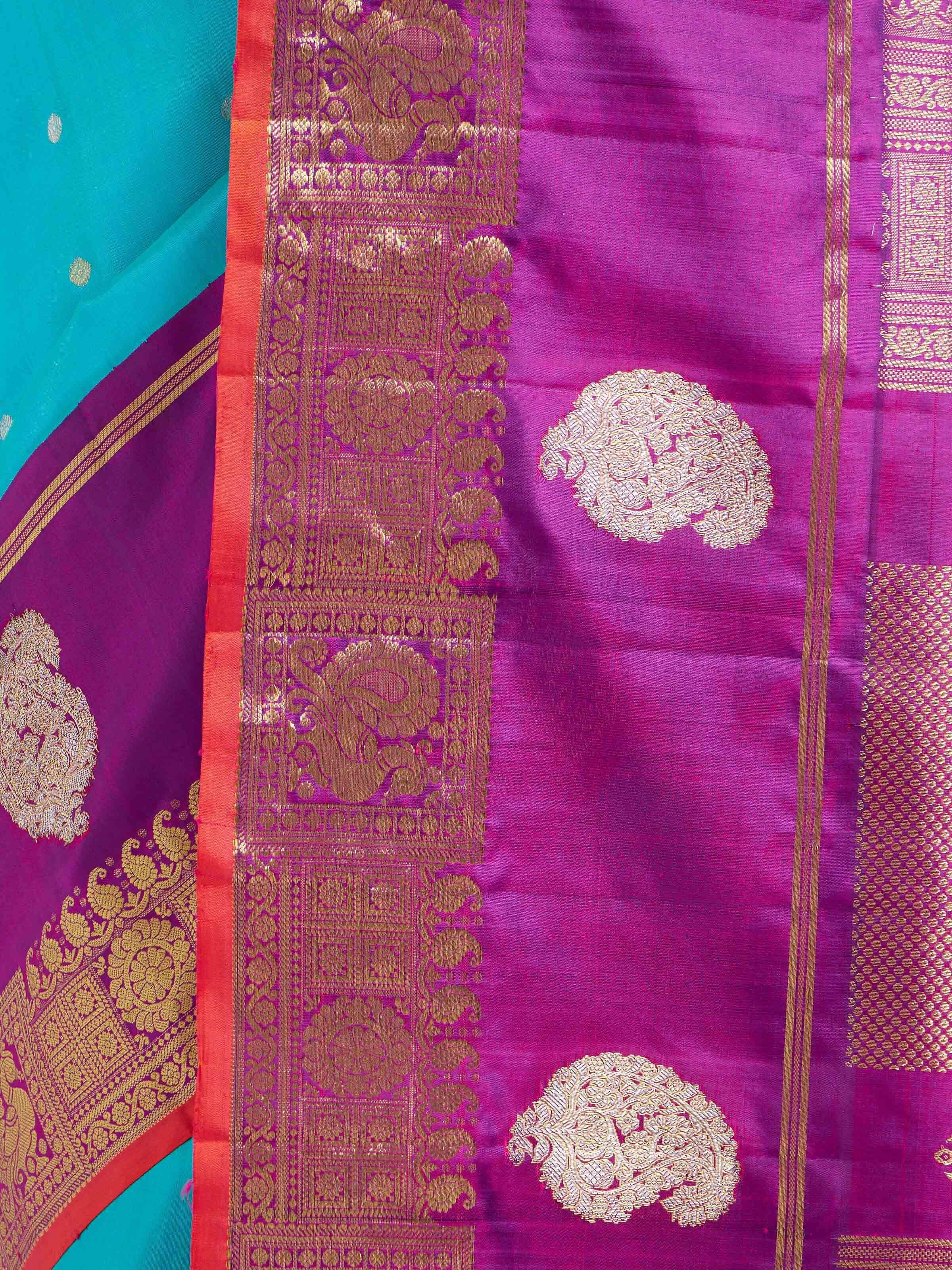 Turquoise Mulberry Silk Gadwal Handloom Zari Saree