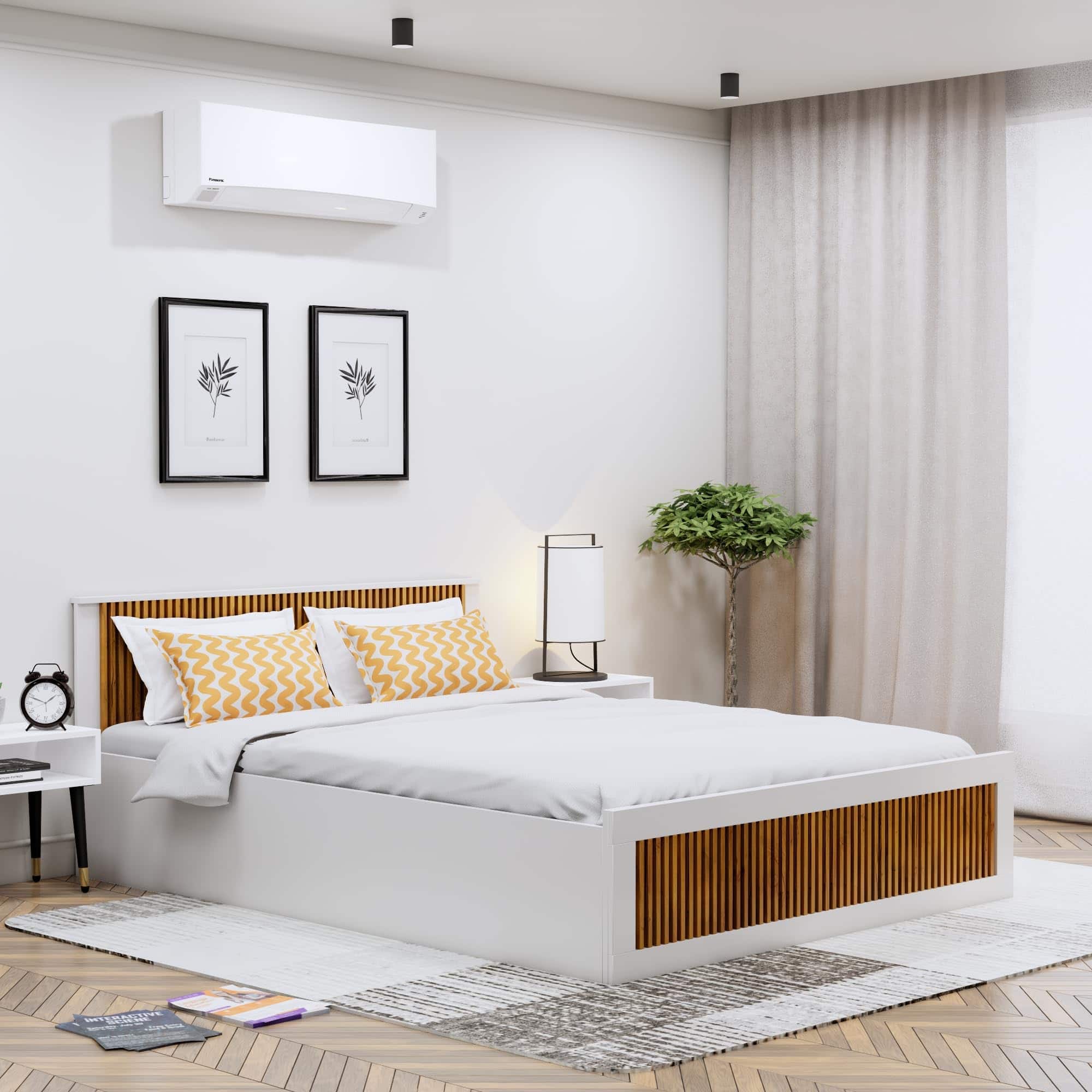 Hexa Engineered Wood Modern King Bed With Headboard With Storage In Frosty White And Giant Wood - HexaRed