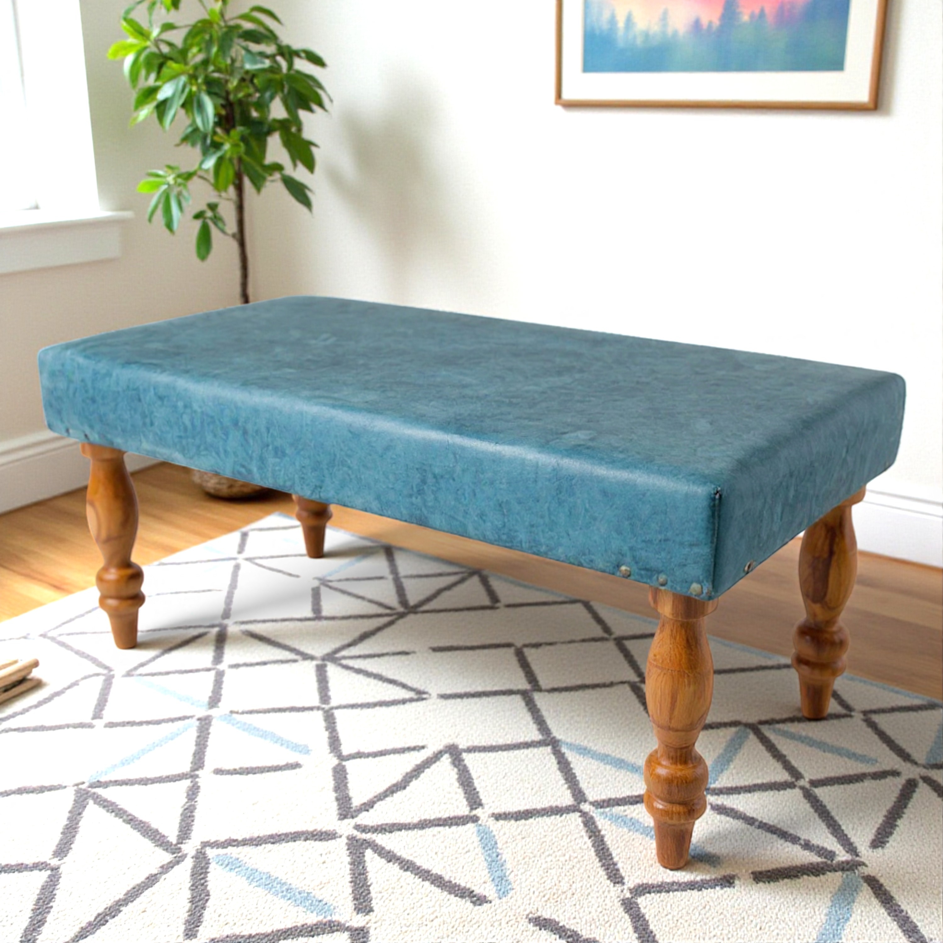 Bestone Sheesham Wood Accent Bench (Blue Jacquard Work Fabric Teak Finish)