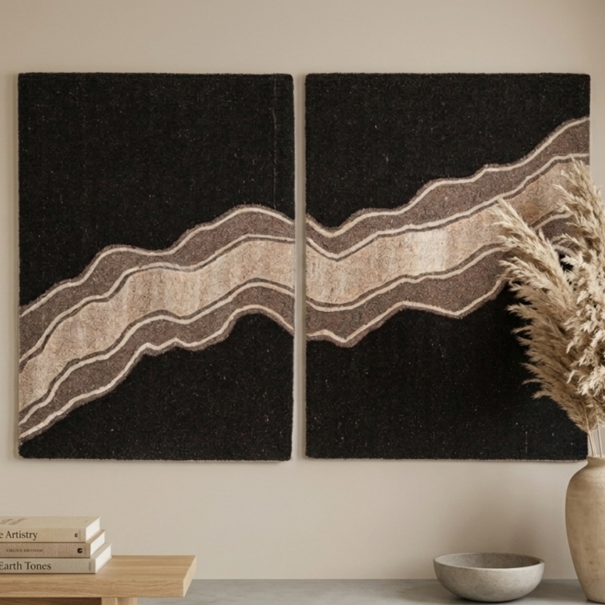 Abstract Black Natural Wool Wall Art 2 Panel Set 4 x 2 Feet - NEU LOOMS
