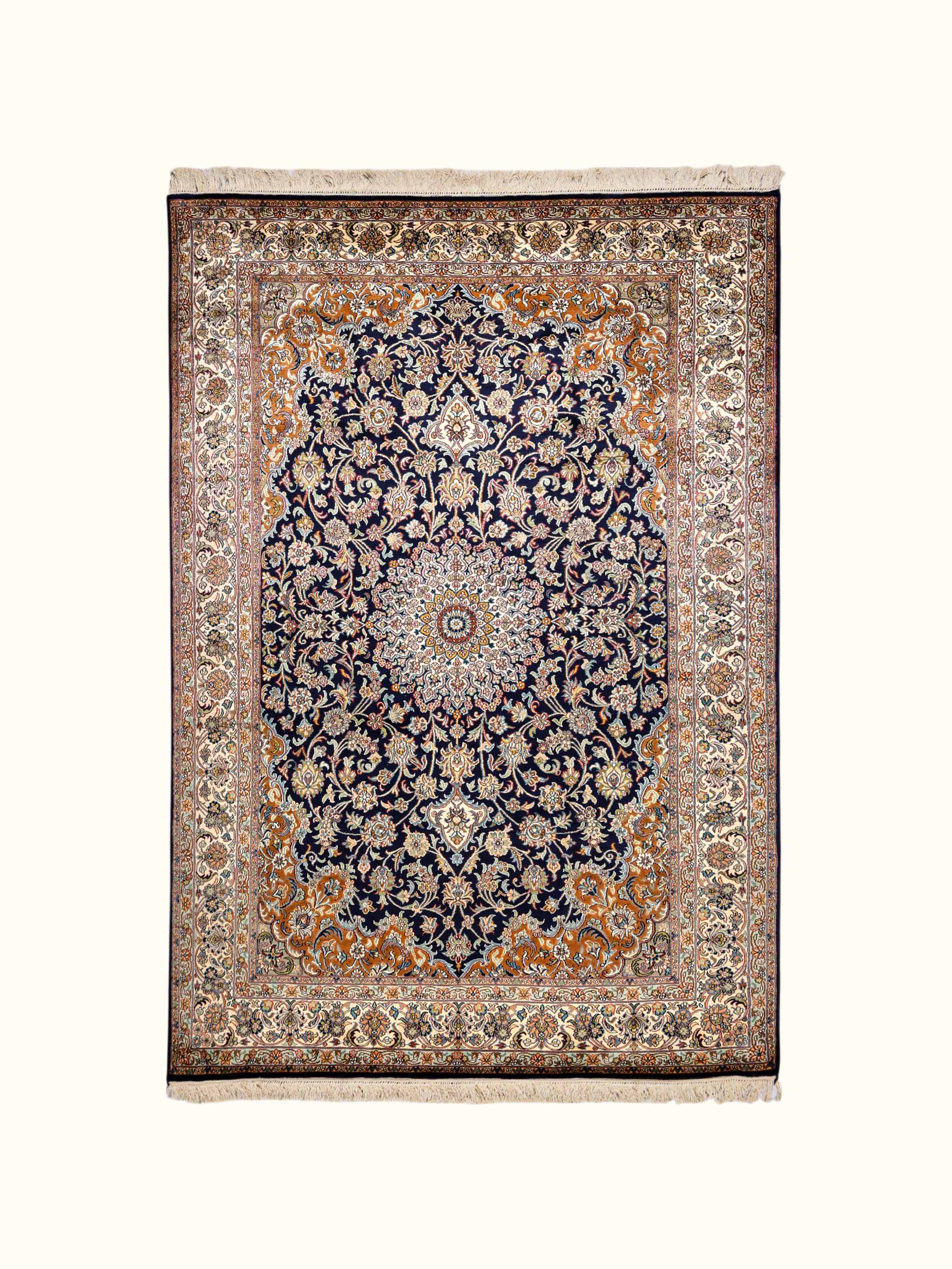 Traditional Persian Navy Rust Kashan Kashmir Silk Hand-Knotted Carpet