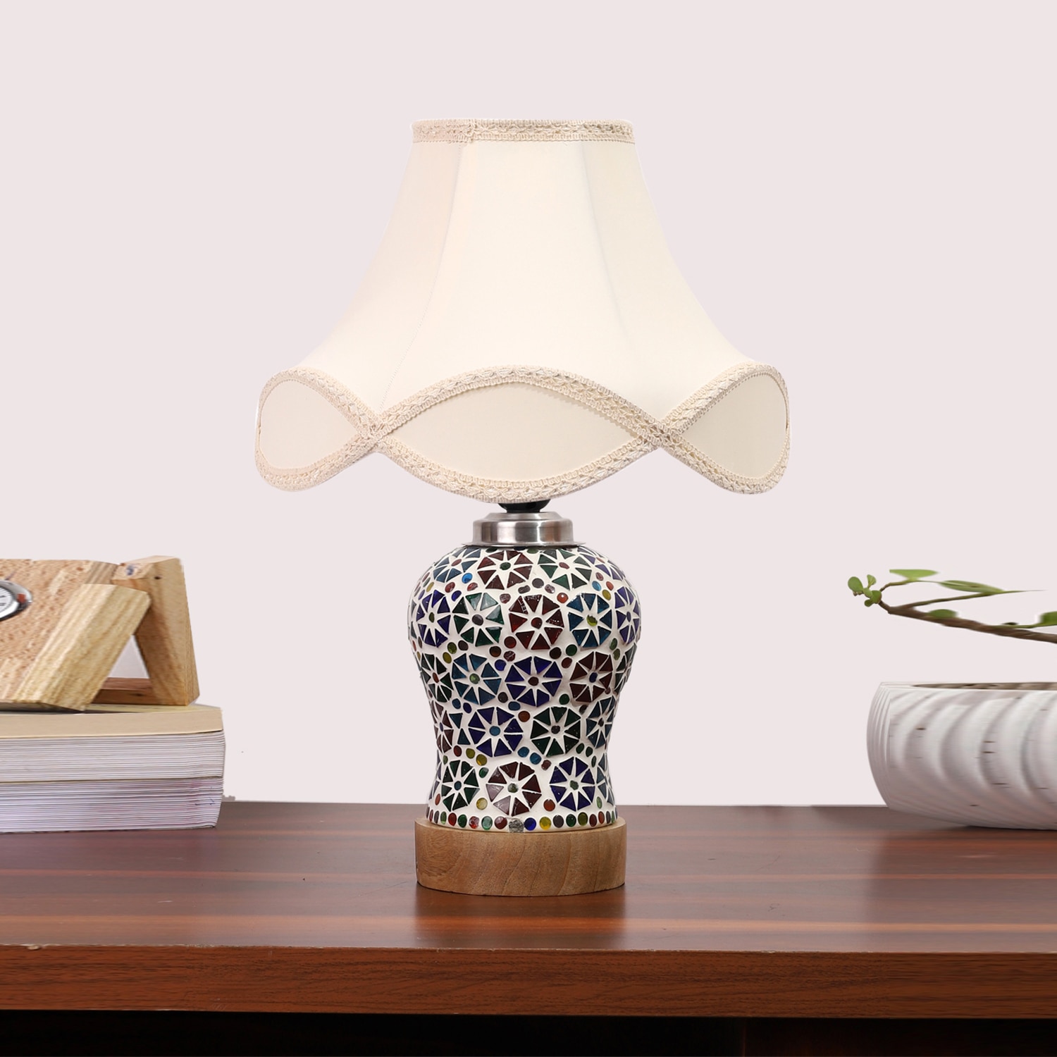 Devansh Off-White Vintage  Cotton Shade Lamp With Wood & Mosaic Glass Base For Decoration/Office/Home/Gifting/Study For Decoration/Office/Home/Gifting/Study - Devansh