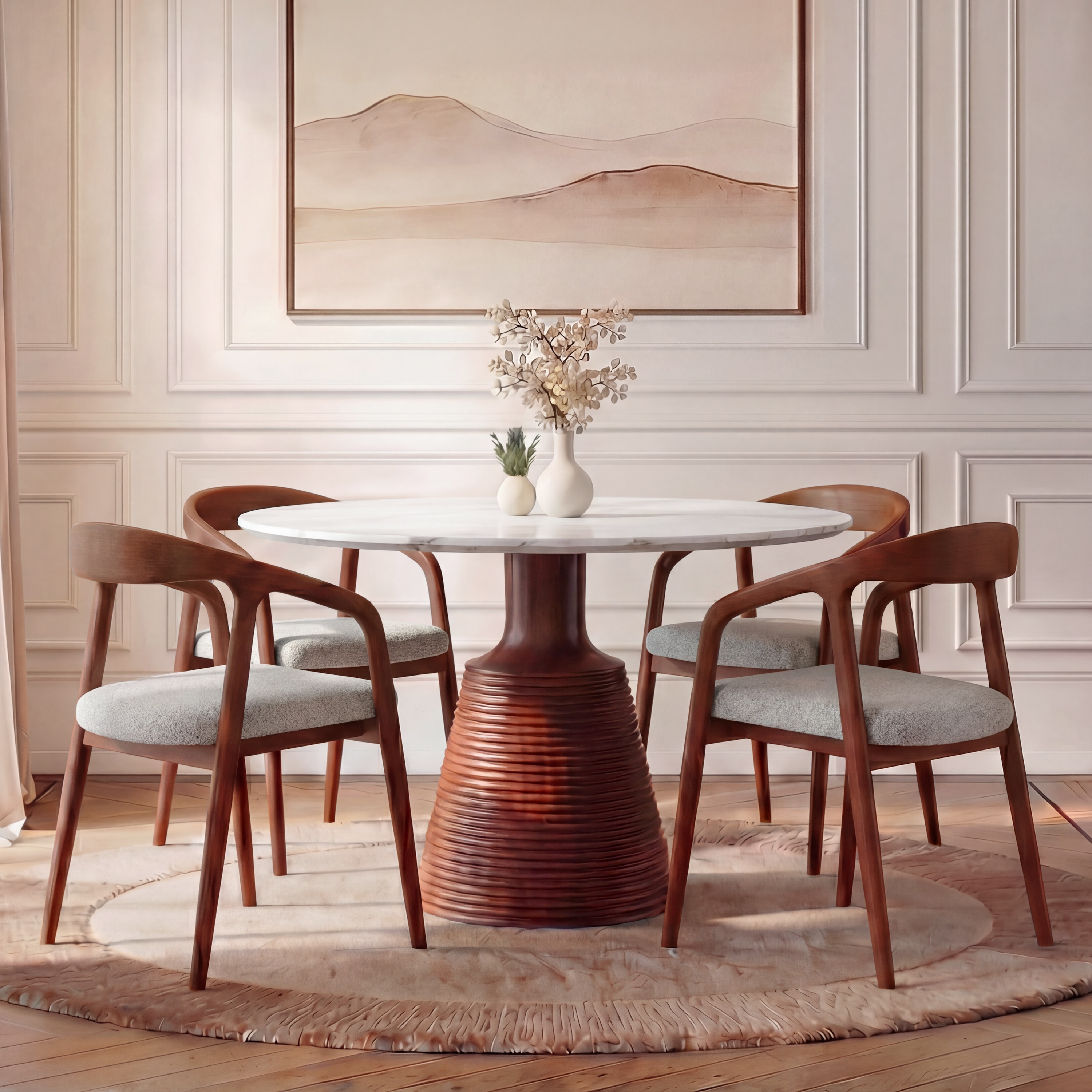 Massa Solid Wood And Banswara 4 Seater Round Dining Table with 4 Zen Solid Wood Dining Armchair in (Finish: Honey, Colour: White Boucle) - Urban Ladder