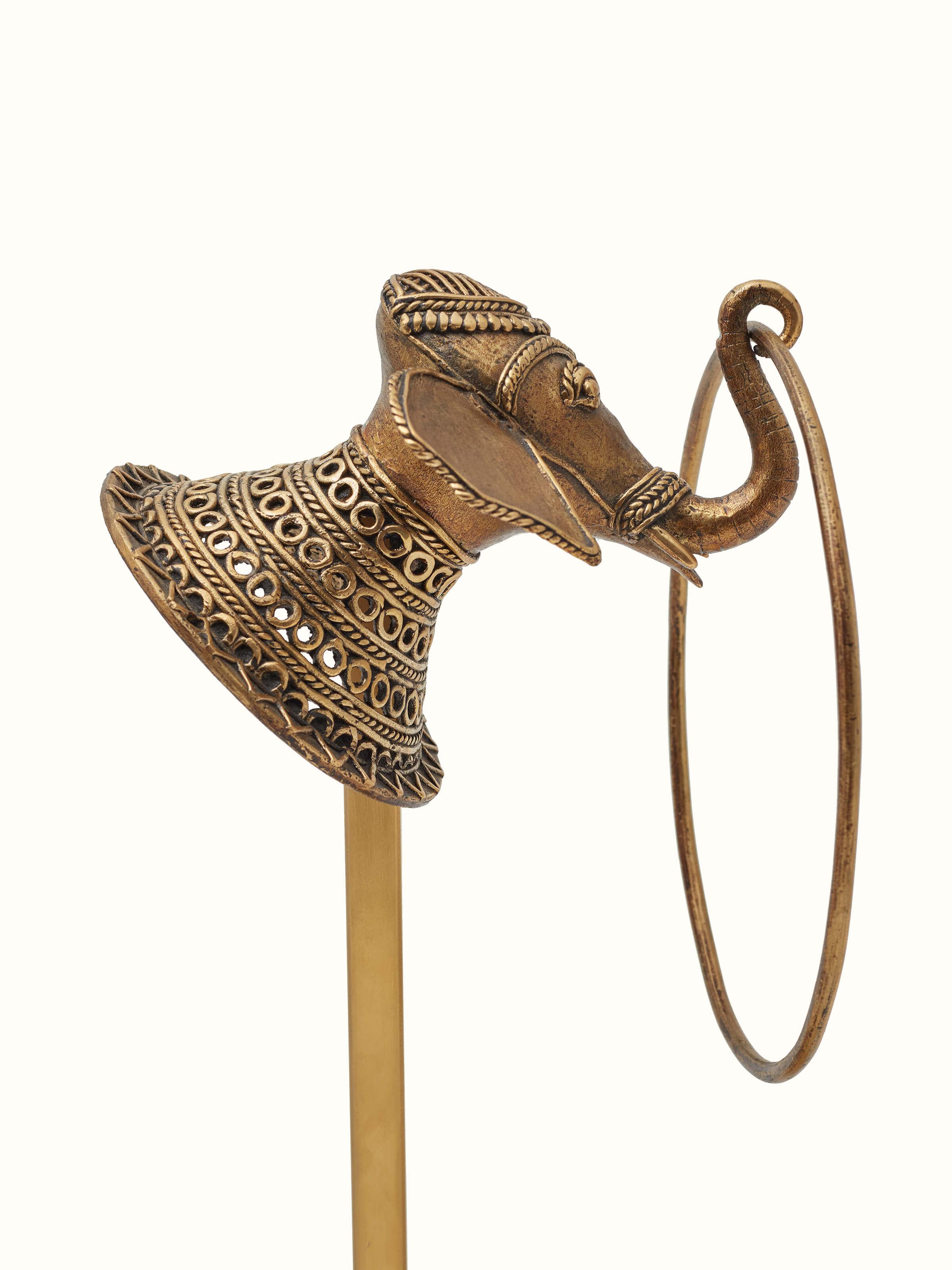 Side view of Dhokra Brass Elephant Towel Ring highlighting the intricate brass design and elegant shape
