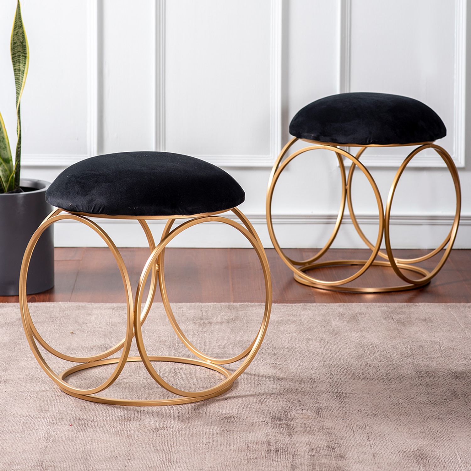 Classic Velvet Ring Metallic Stool in Black Color Set of 2 - Nestroots