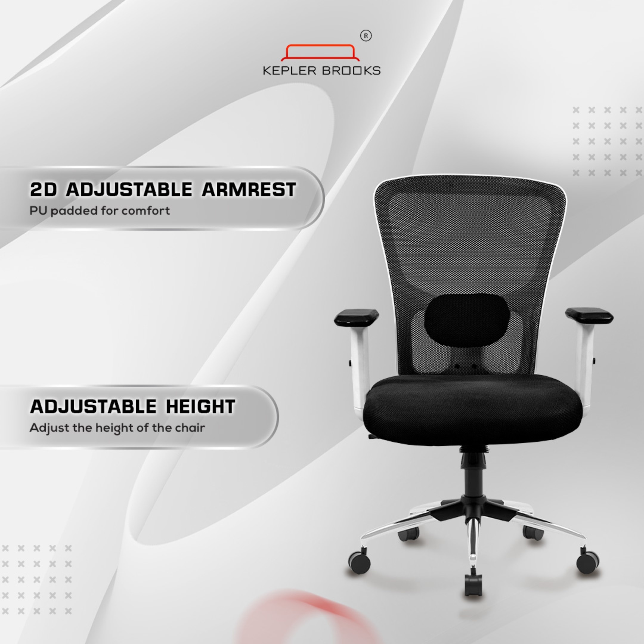 Kepler Brooks Mid Back Office Chair | 2 Years Warranty | Chair for Office Work at Home, Ergonomic Chair, Diwali Gifts, 2D Adjustable Arms, Headrest & Lumbar Support, Multi Synchro Lock (Zeus, White)