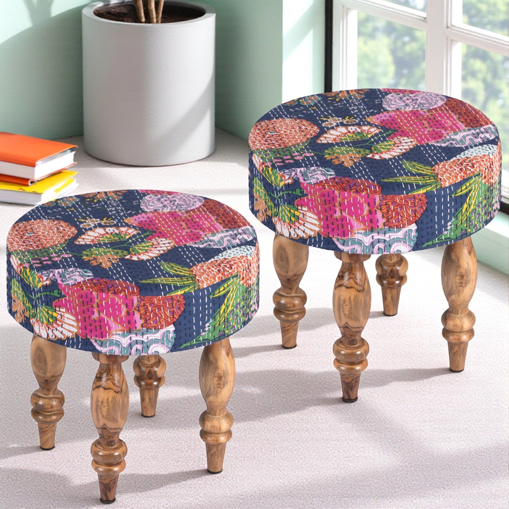 Roswell Sheesham Wood Mid Century Round Set of 2 Stools in Fruit Print Blue Kantha Upholstery