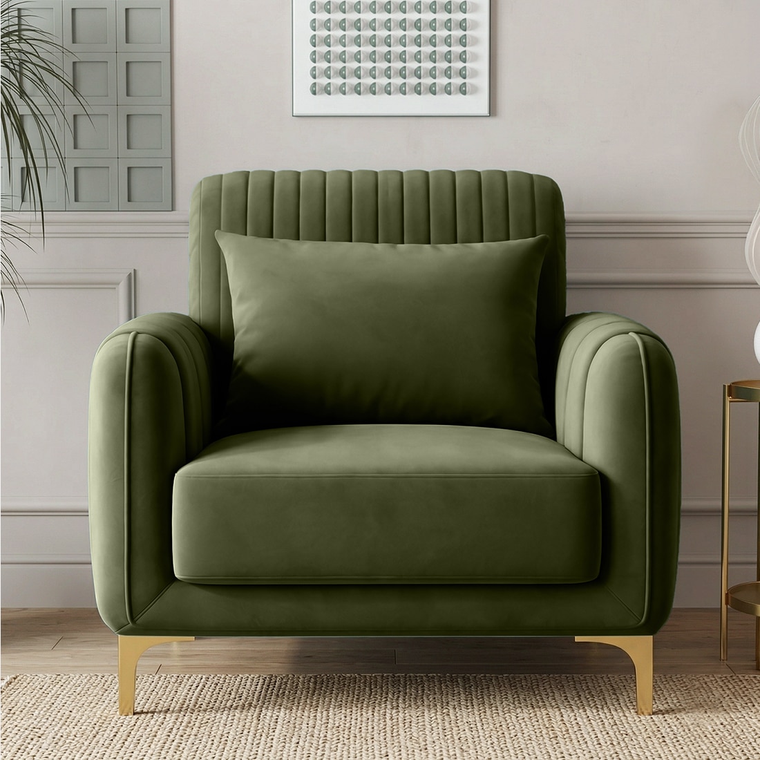 Monly Velvet 1 Seater Sofa Olive green Color - Home Lifestylez