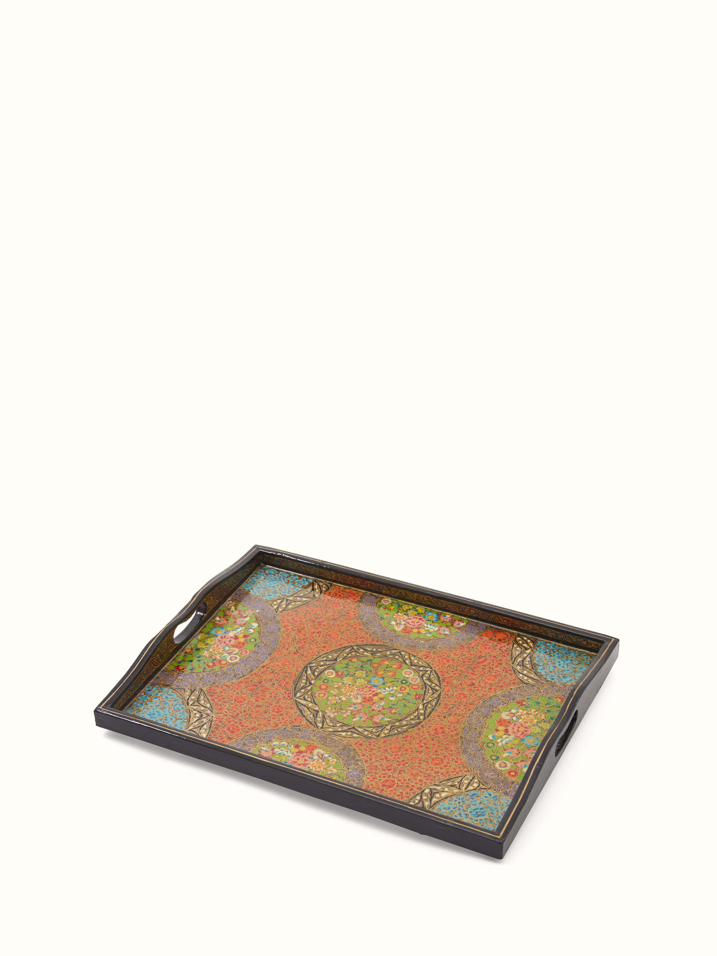 Angled view of Papier mache paper pulp decor trays set showcasing the artistic details and decorative features