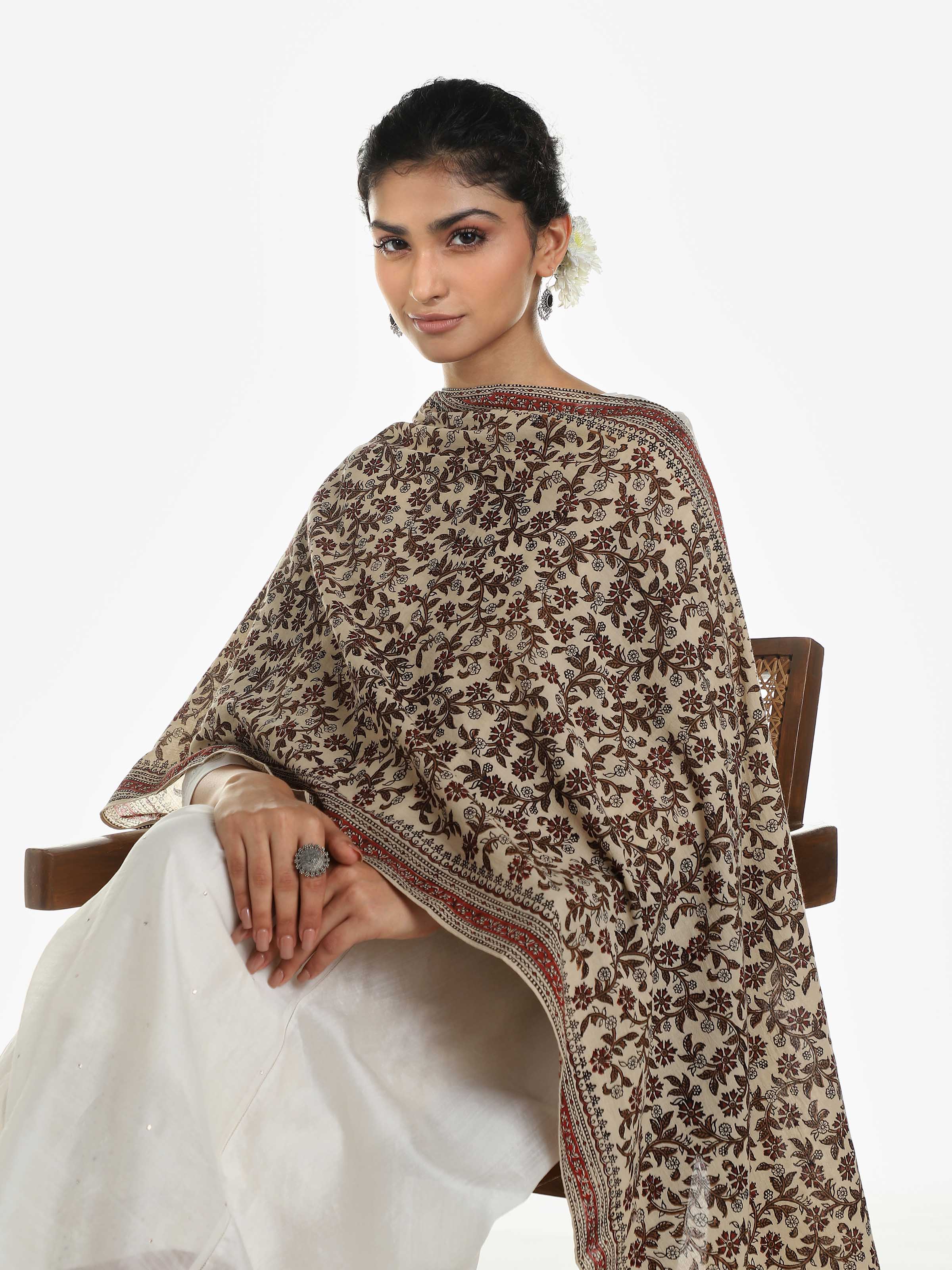 Beige Cotton Bagru Block Printed Stole