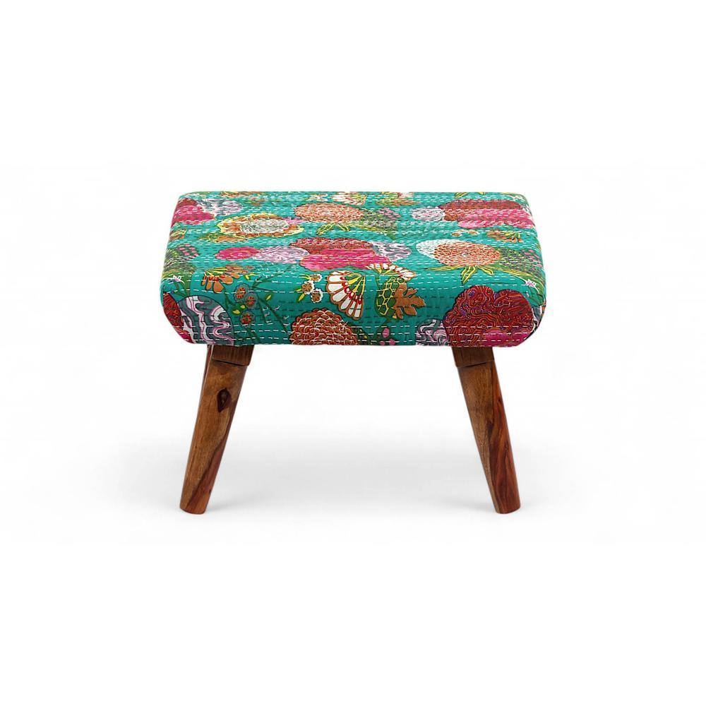 Queens Solid Wood Pouf Stool in Sea Green Fruit Print fabric