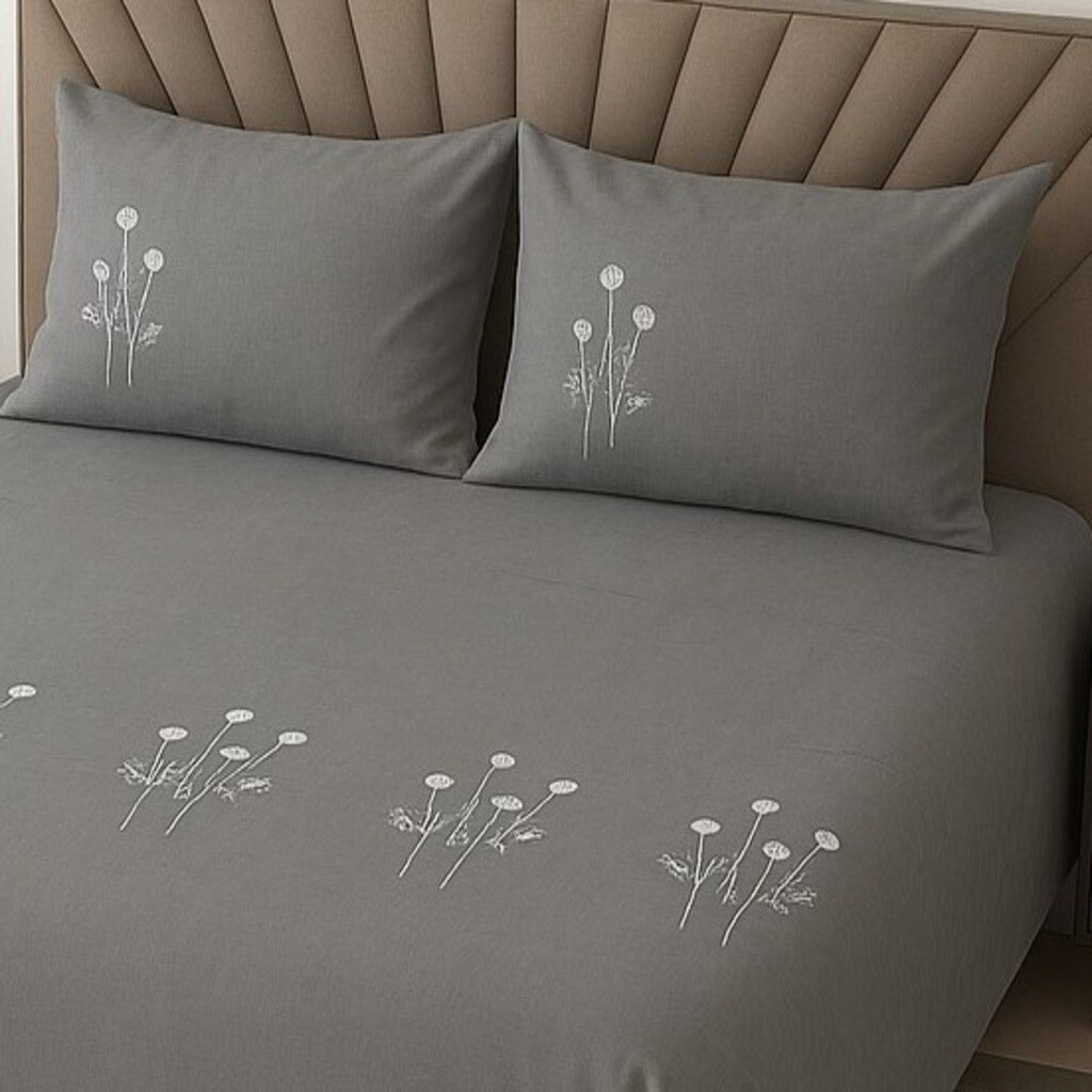 Plain Graphite Grey 350 TC Embroidery StiTChed Cotton Satin Flat Super King Bed Size Bedsheet With 2 Pilllow Covers  Threads