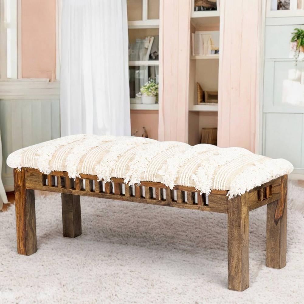 Milford Sheesham Wood Mid Century 3 Seater Bench In Beige Fabric