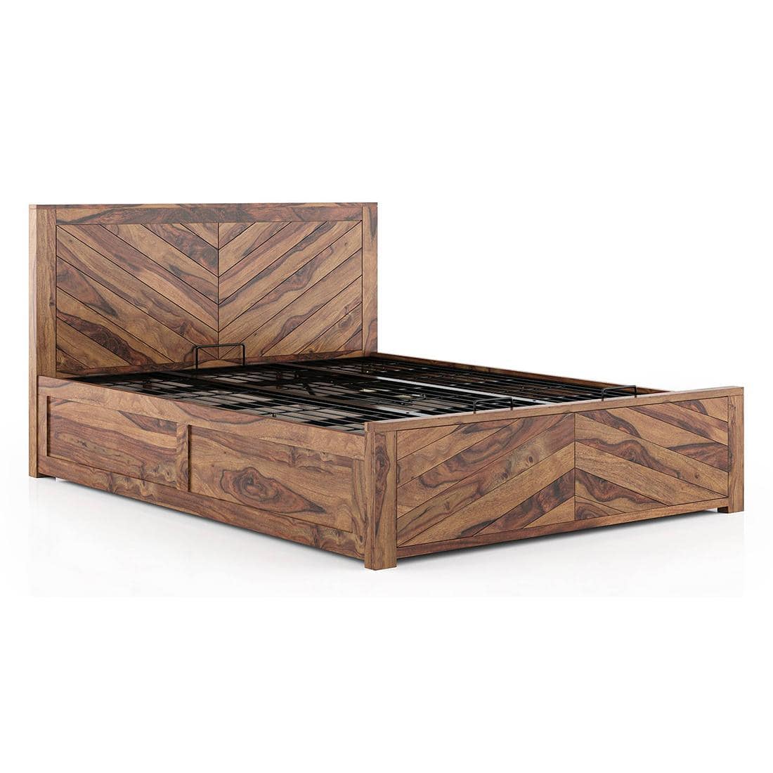 Almaya Solid Wood King Size Hydraulic Storage Bed In Teak Finish