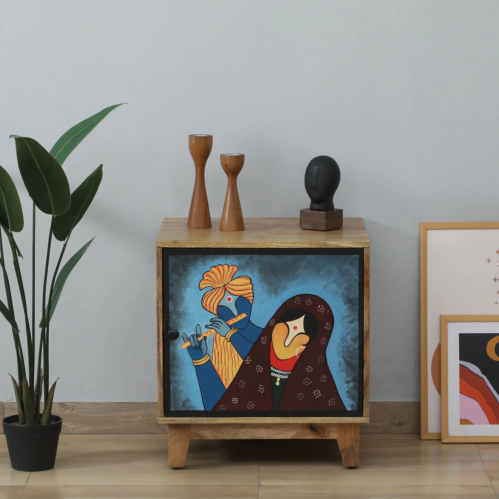 Holmes Mango Wood Hand Painted Multicolour 1 Door Small Cabinet In Natural Finish