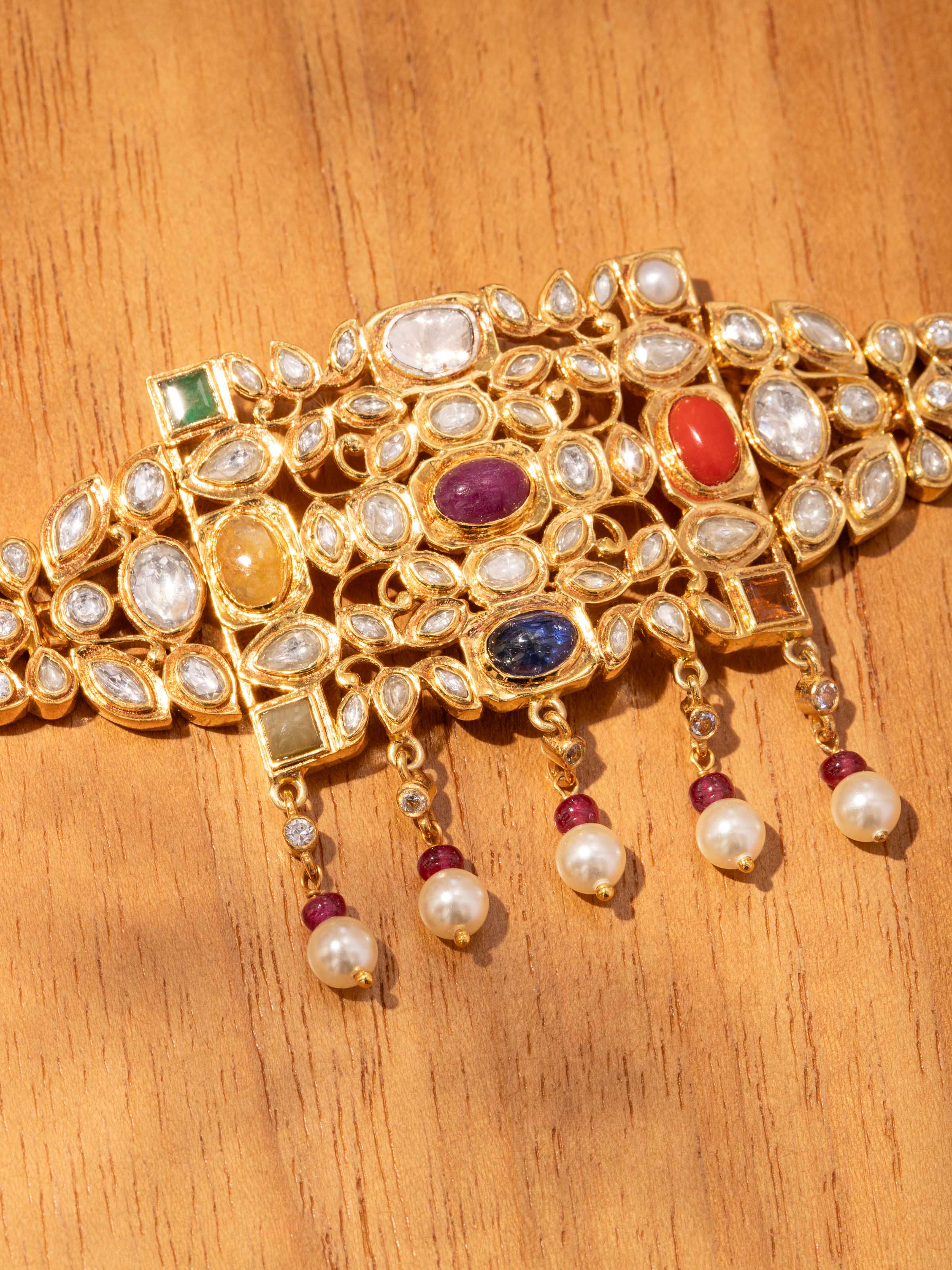 Detail shot of Navratna silver choker necklace