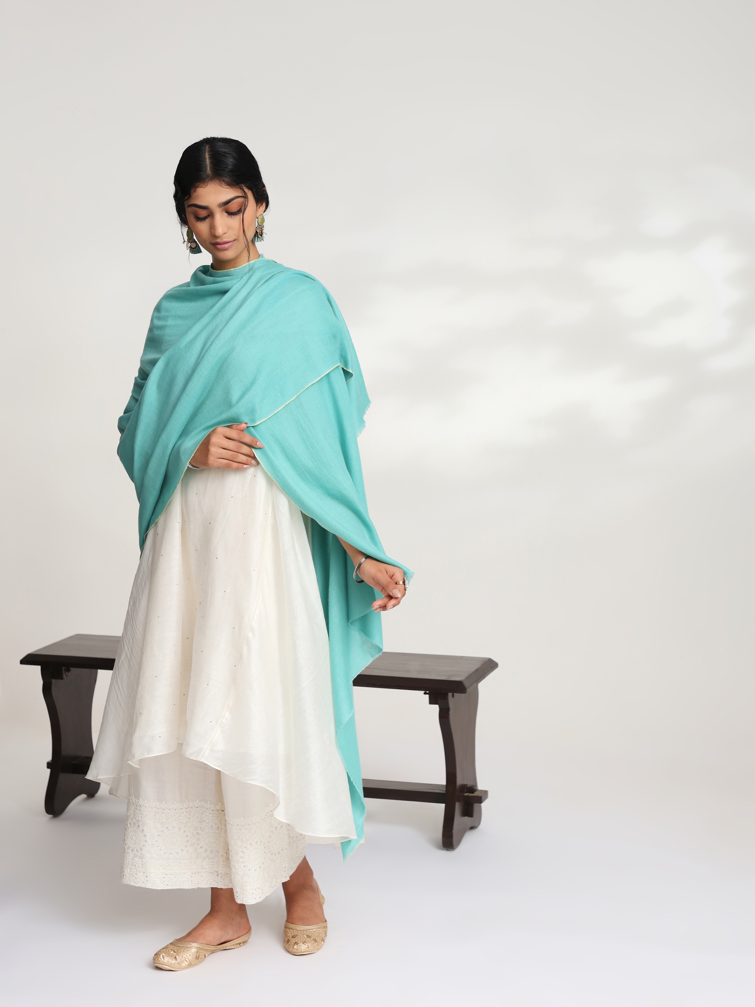 Teal Cashmere Kaaj Embroidered Handwoven Stole