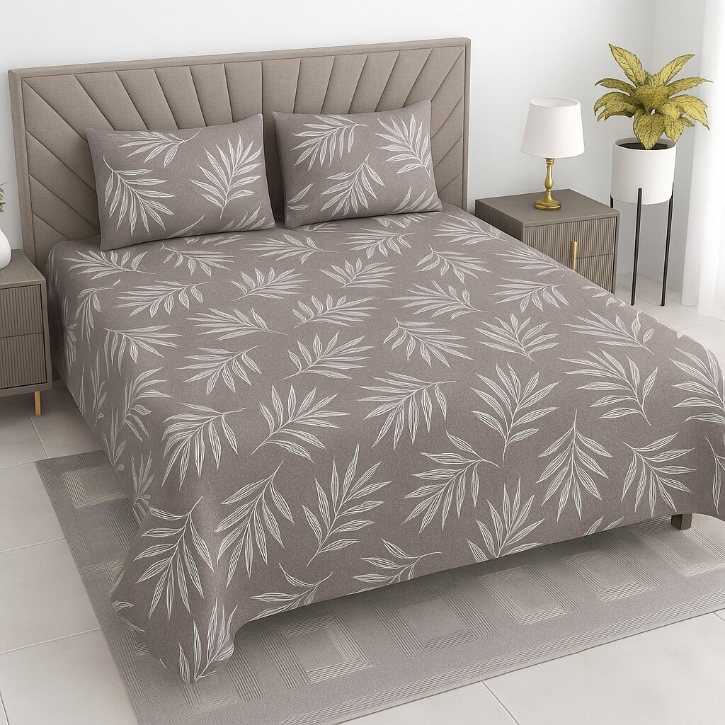 Eira Beige Floral 400 TC Cotton Flat Queen Size Bedsheet with 2 Pillow Covers – Threads
