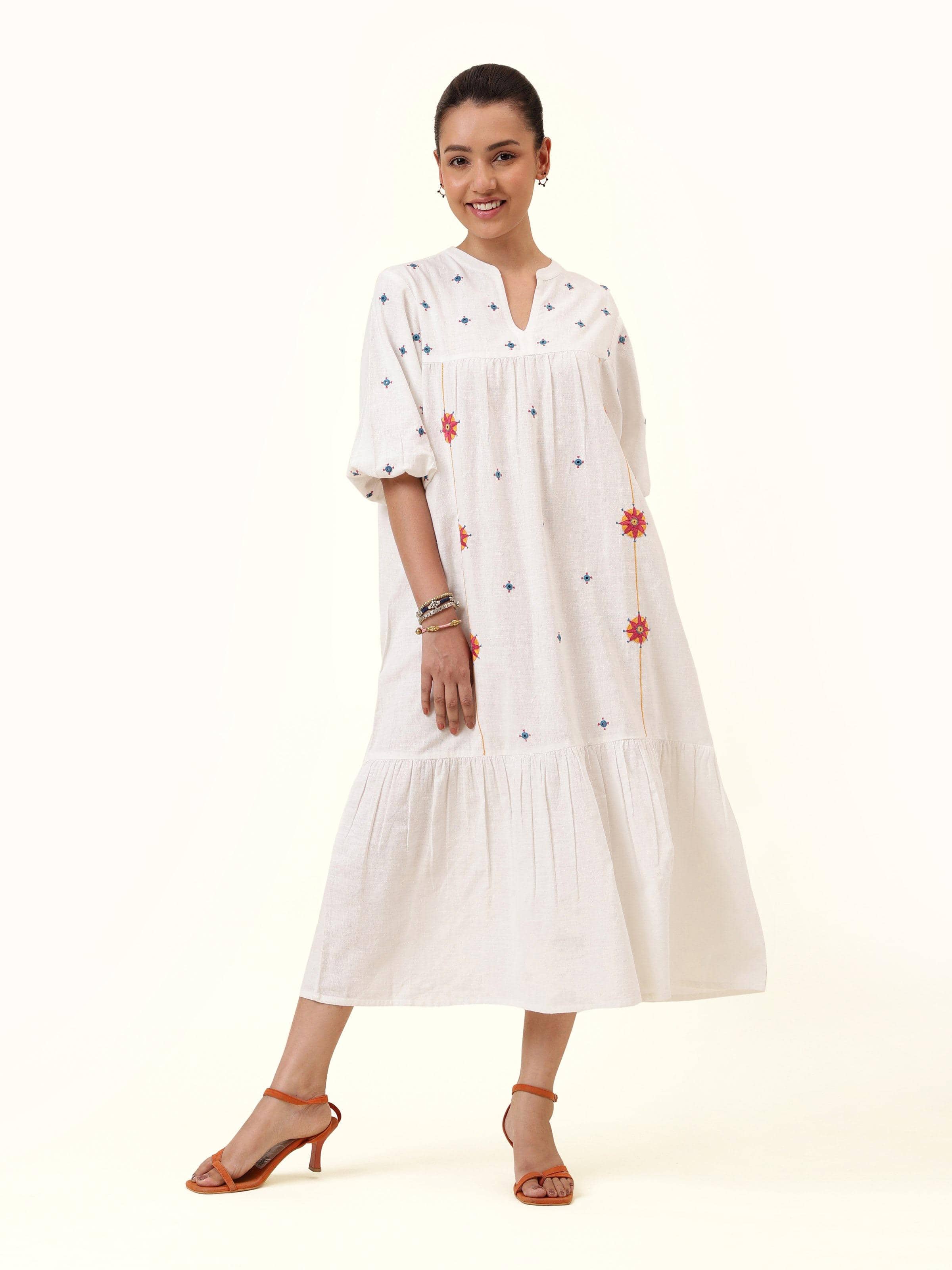 Off-white Long Cotton Desert Embroidered Dress