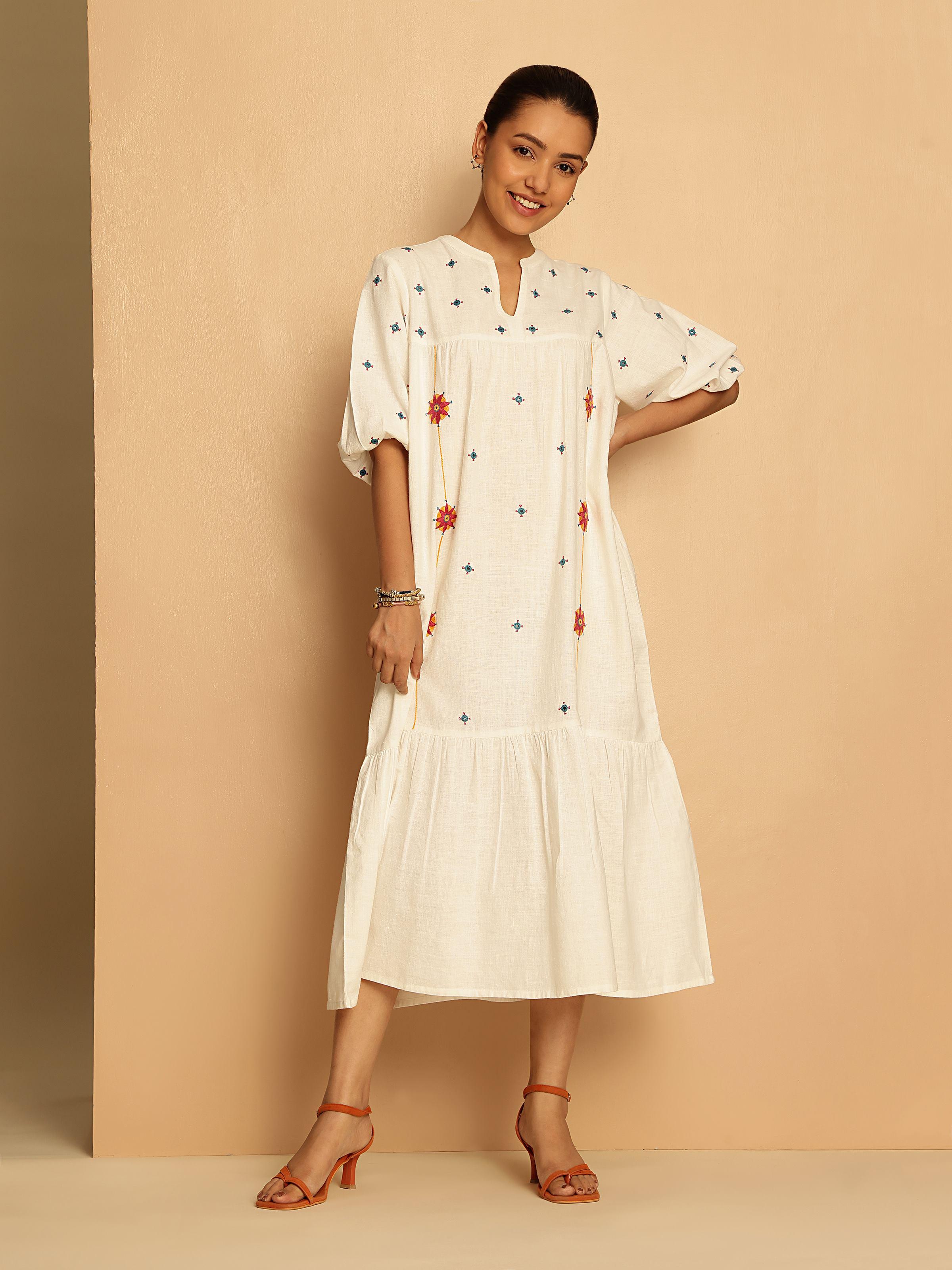 Off-white Long Cotton Desert Embroidered Dress