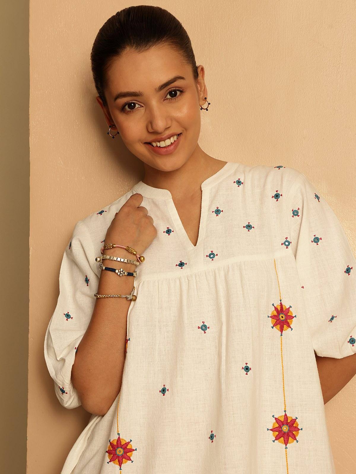 Off-white Long Cotton Desert Embroidered Dress