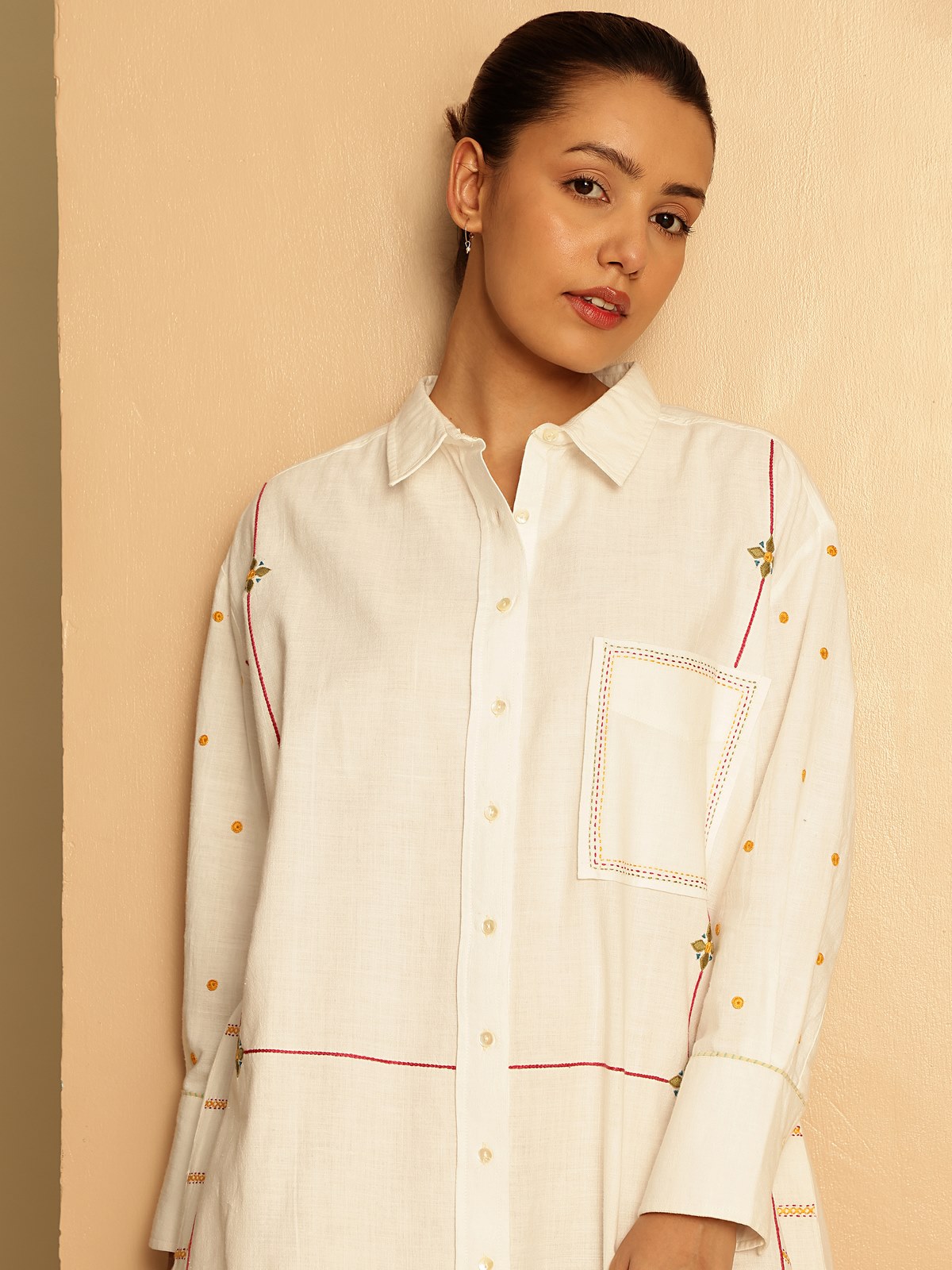 Alternate lifestyle shot of Rajasthani shirt showcasing sleeve embroidery and fit.