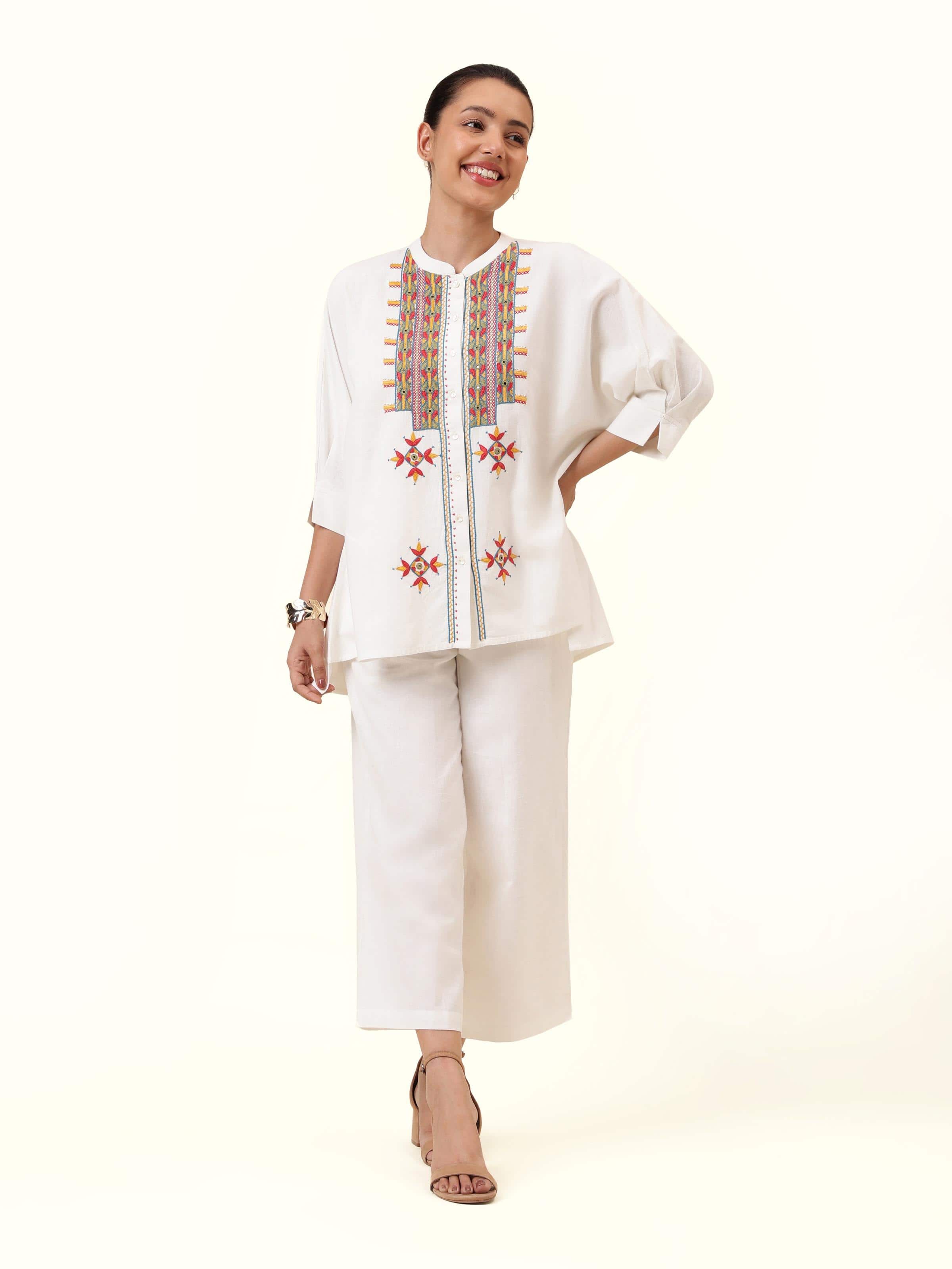 Front view of Off-white Cotton Pakko Rajasthani Embroidered Shirt featuring intricate embroidery