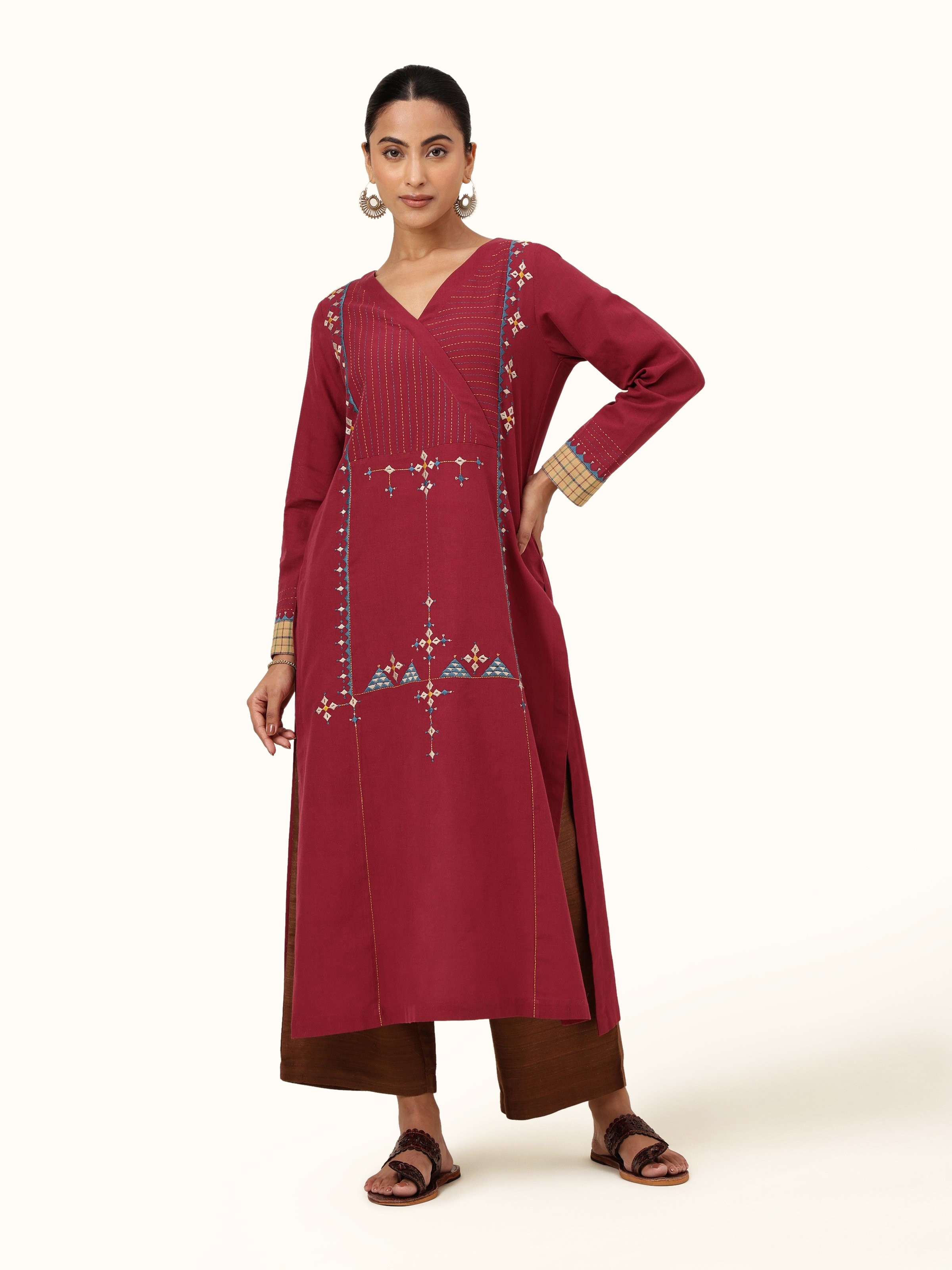Front view featuring the deep maroon cotton with subtle embroidery.
