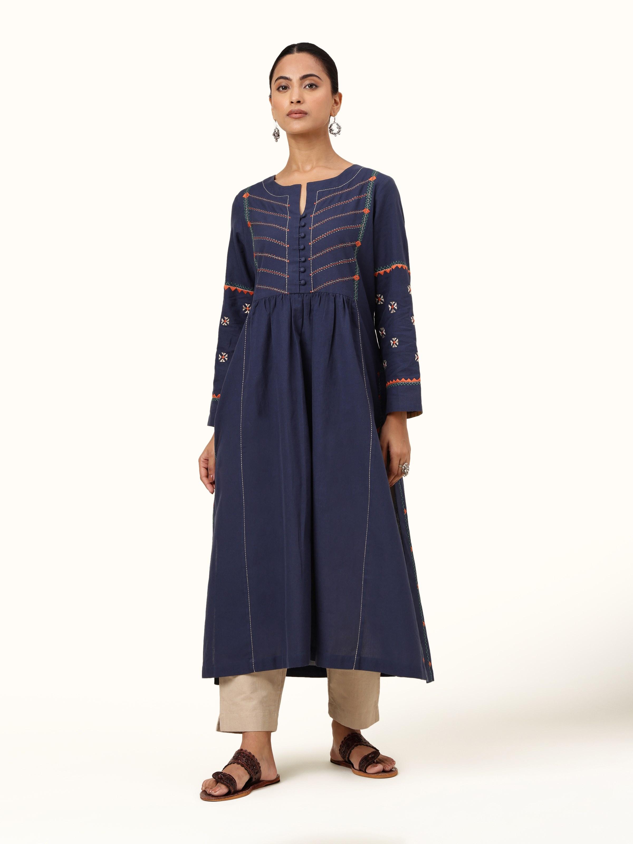 Front view of indigo cotton kurta featuring vibrant Rajasthan embroidery and straight silhouette