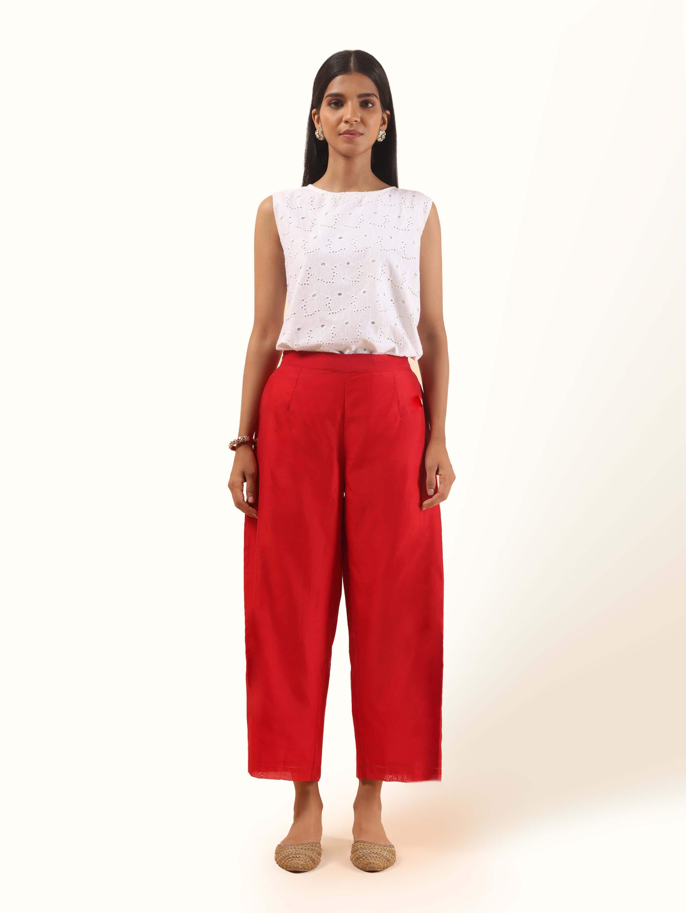 Front view of red cotton silk Chanderi palazzo featuring a subtle sheen and tailored fit