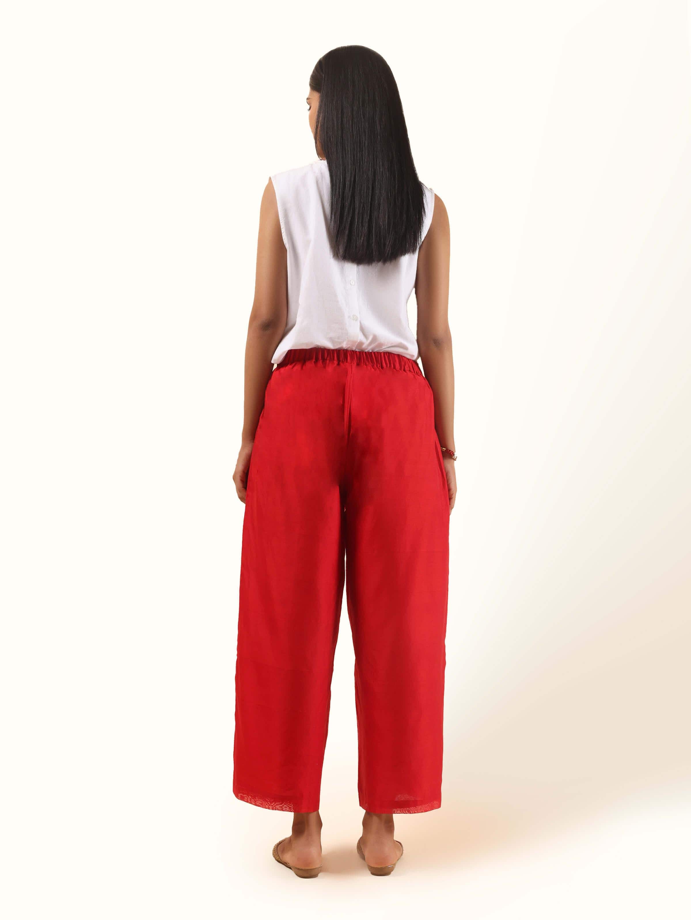 Back view of red cotton silk Chanderi palazzo with clean waistband and soft fall