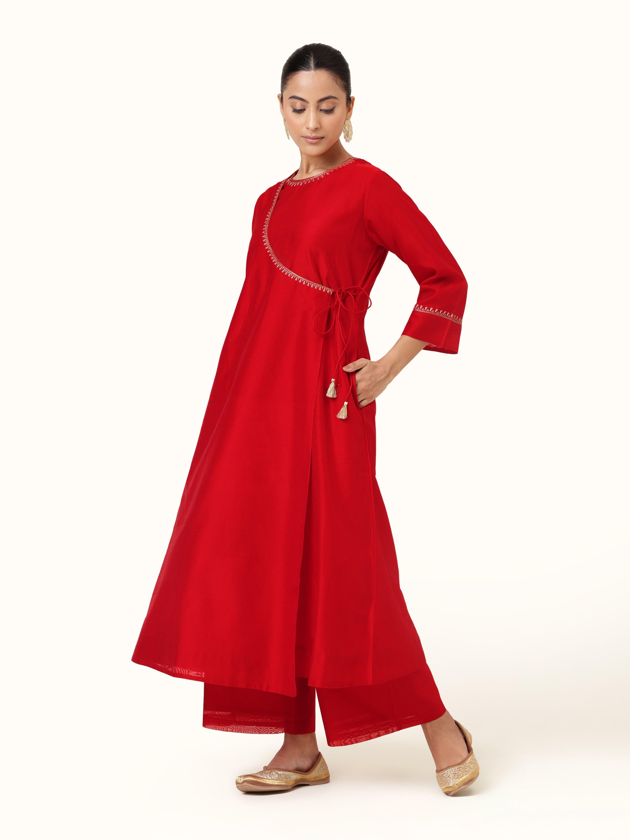 Front view of red A-line Angrakha kurta in cotton silk Chanderi with dori tie and flared silhouette.