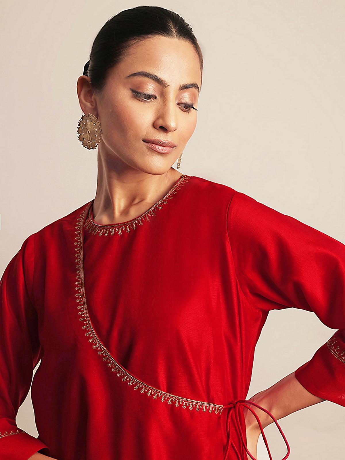 Alternate lifestyle view highlighting the soft texture and elegant fall of the red Chanderi kurta.