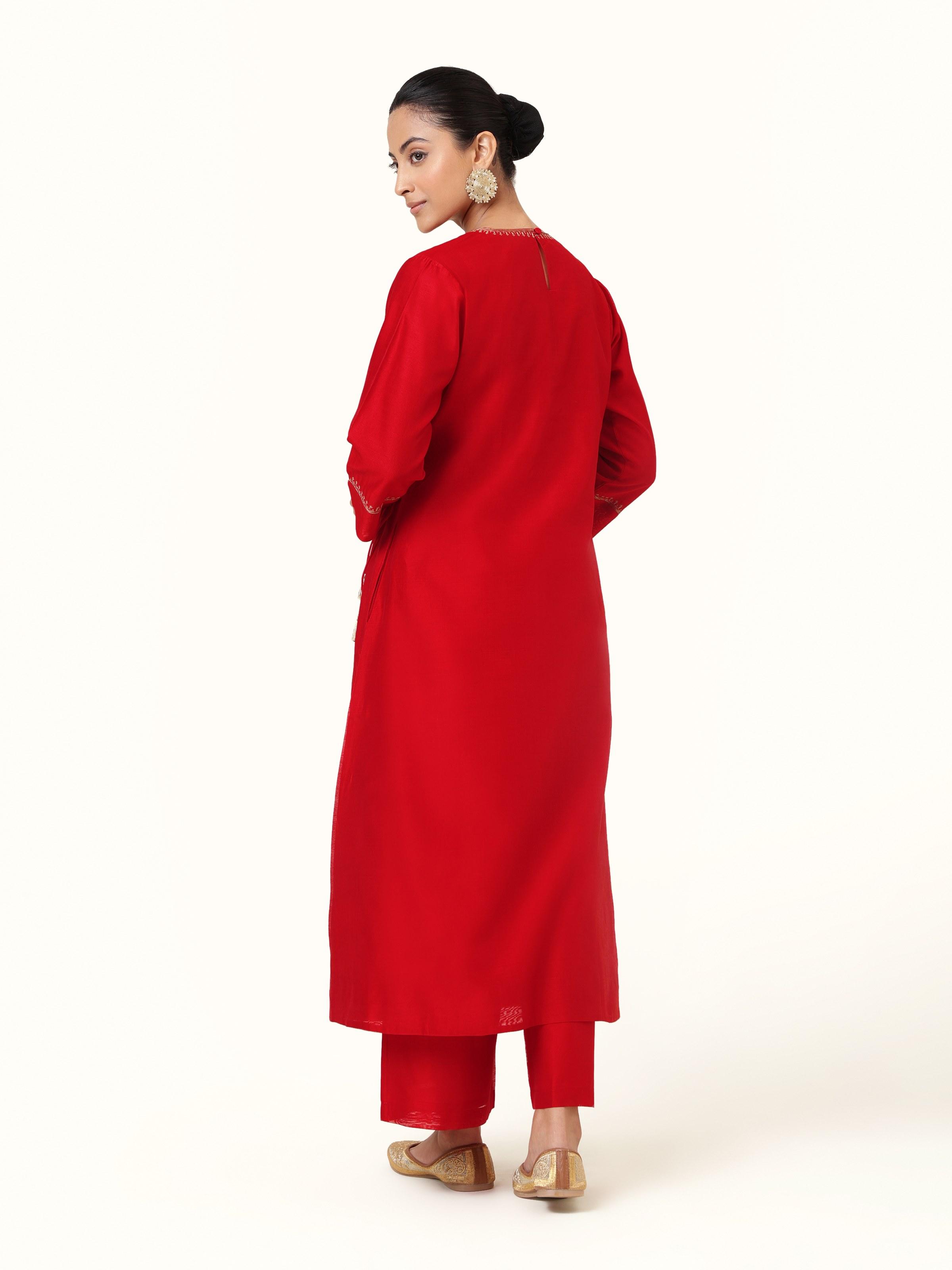 Back view of red Angrakha kurta in cotton silk Chanderi with a gathered waistline and neat finish.