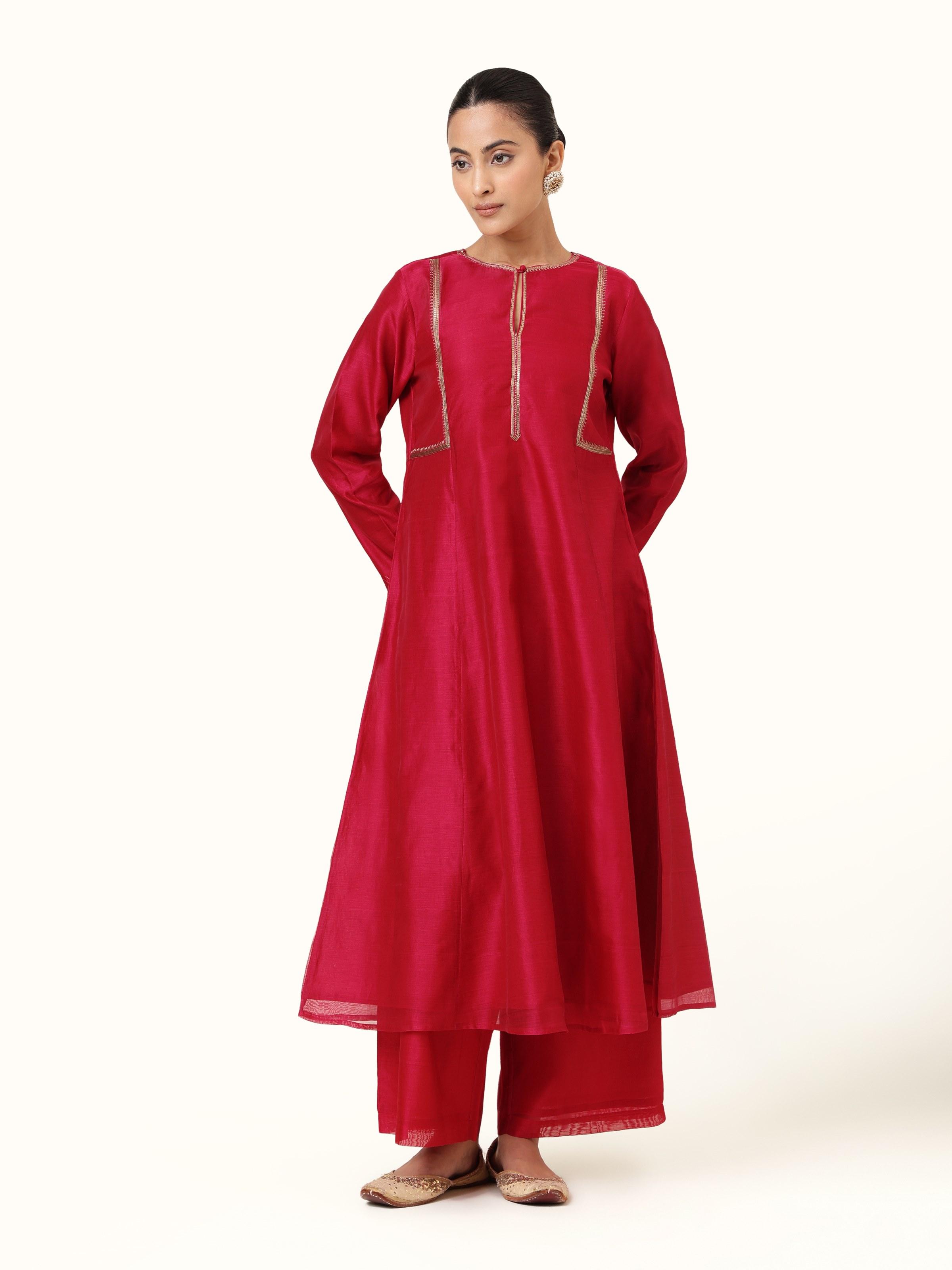 Front view of fuschia cotton silk Chanderi A-line kurta with subtle shimmer