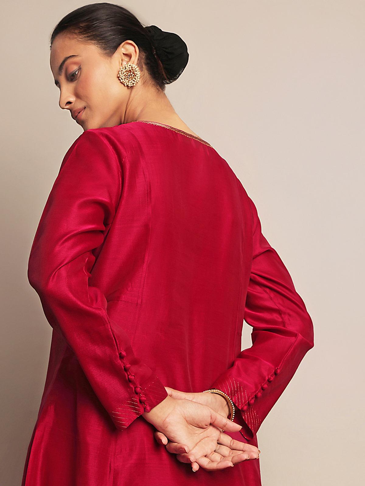Close-up detail of cotton silk fabric and weave on fuschia A-line kurta