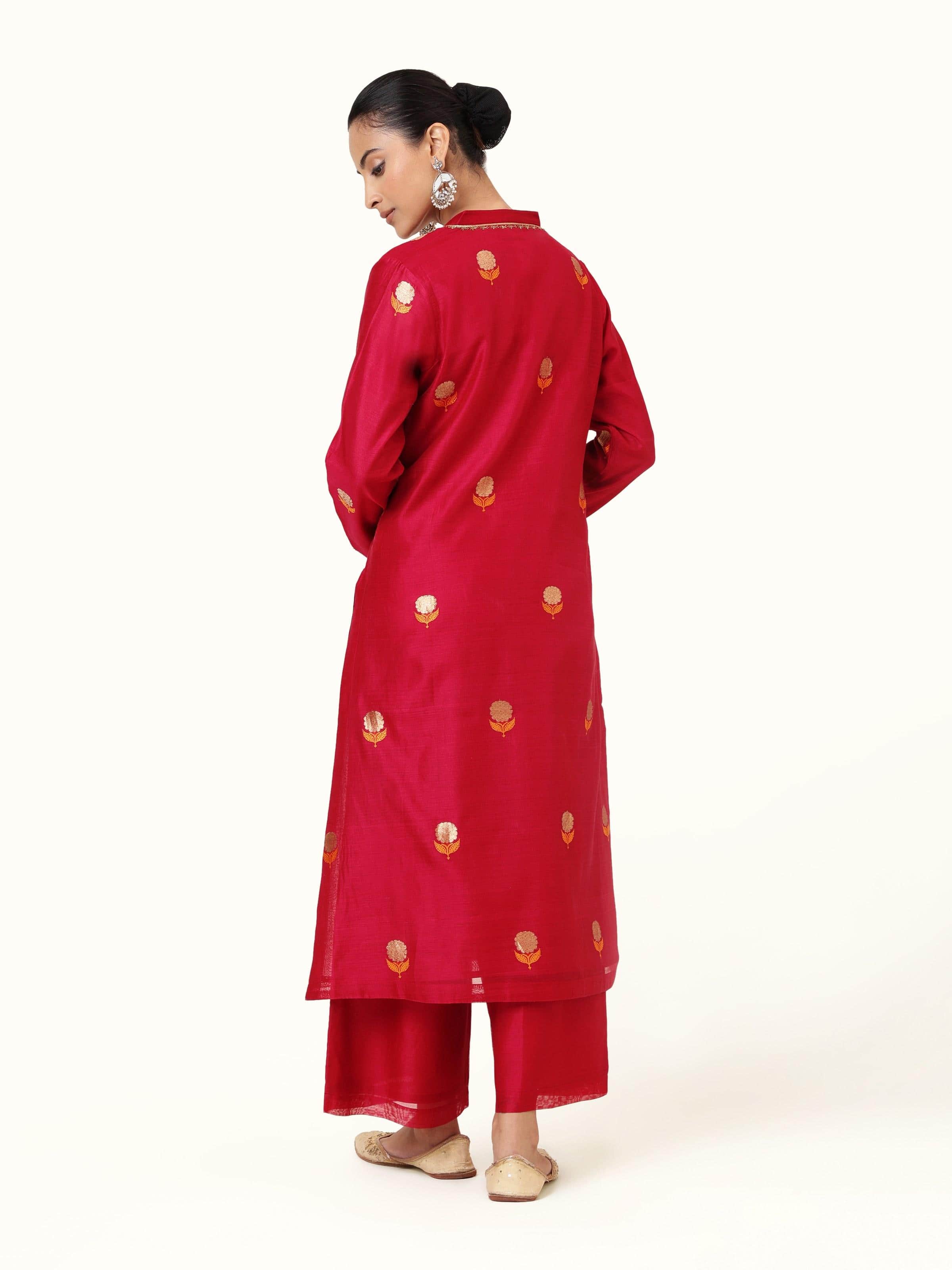 Back view of fuschia Chanderi kurta displaying full length and design finish.
