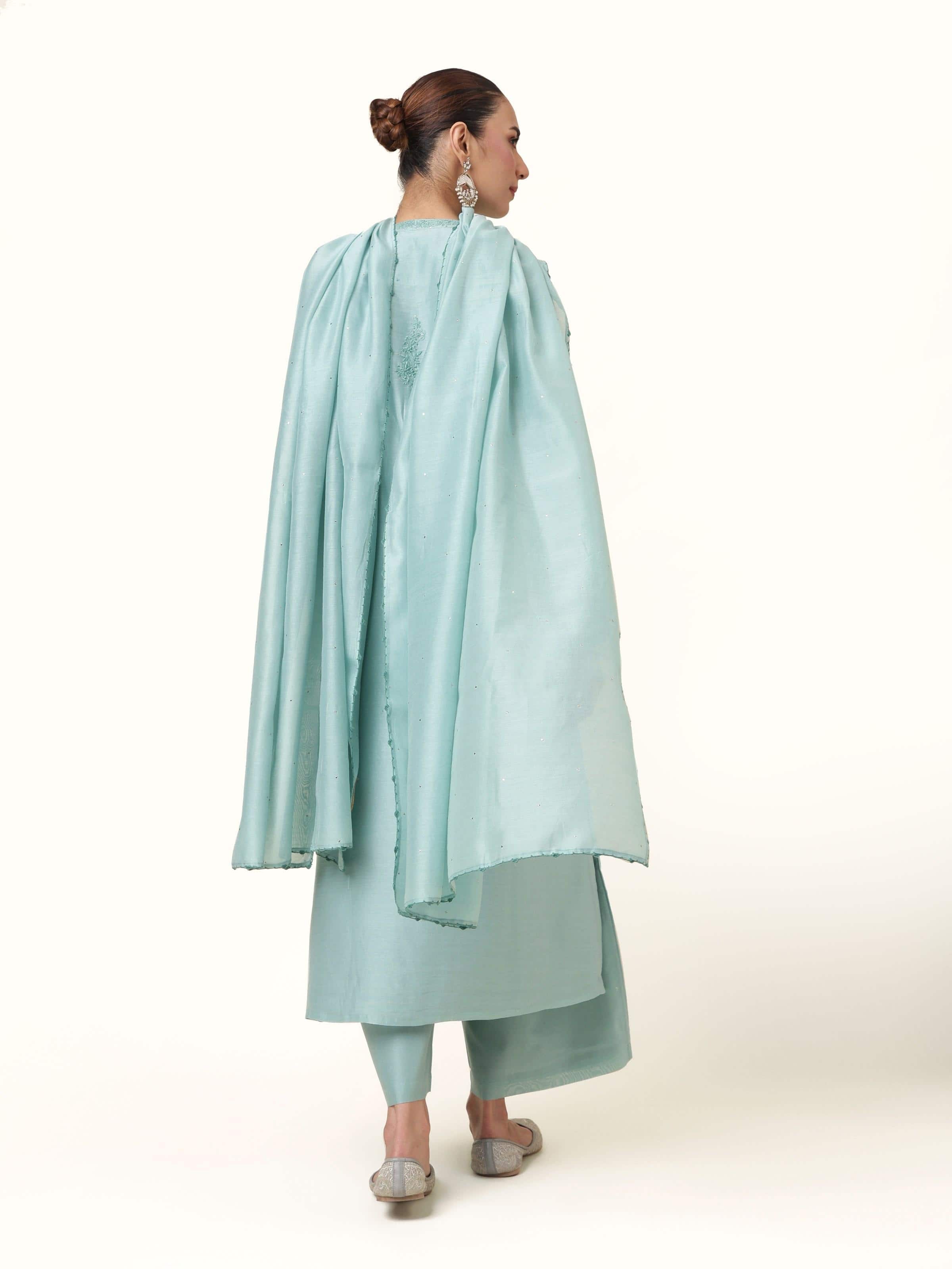Back view showing kurta back pleats and clean seam finish.