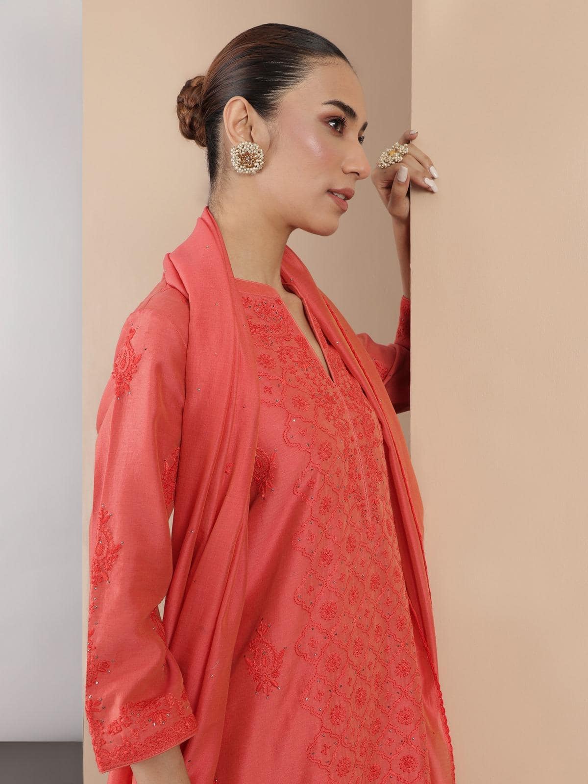 Third lifestyle view of Chikankari silk kurta showing full 3-piece ensemble.