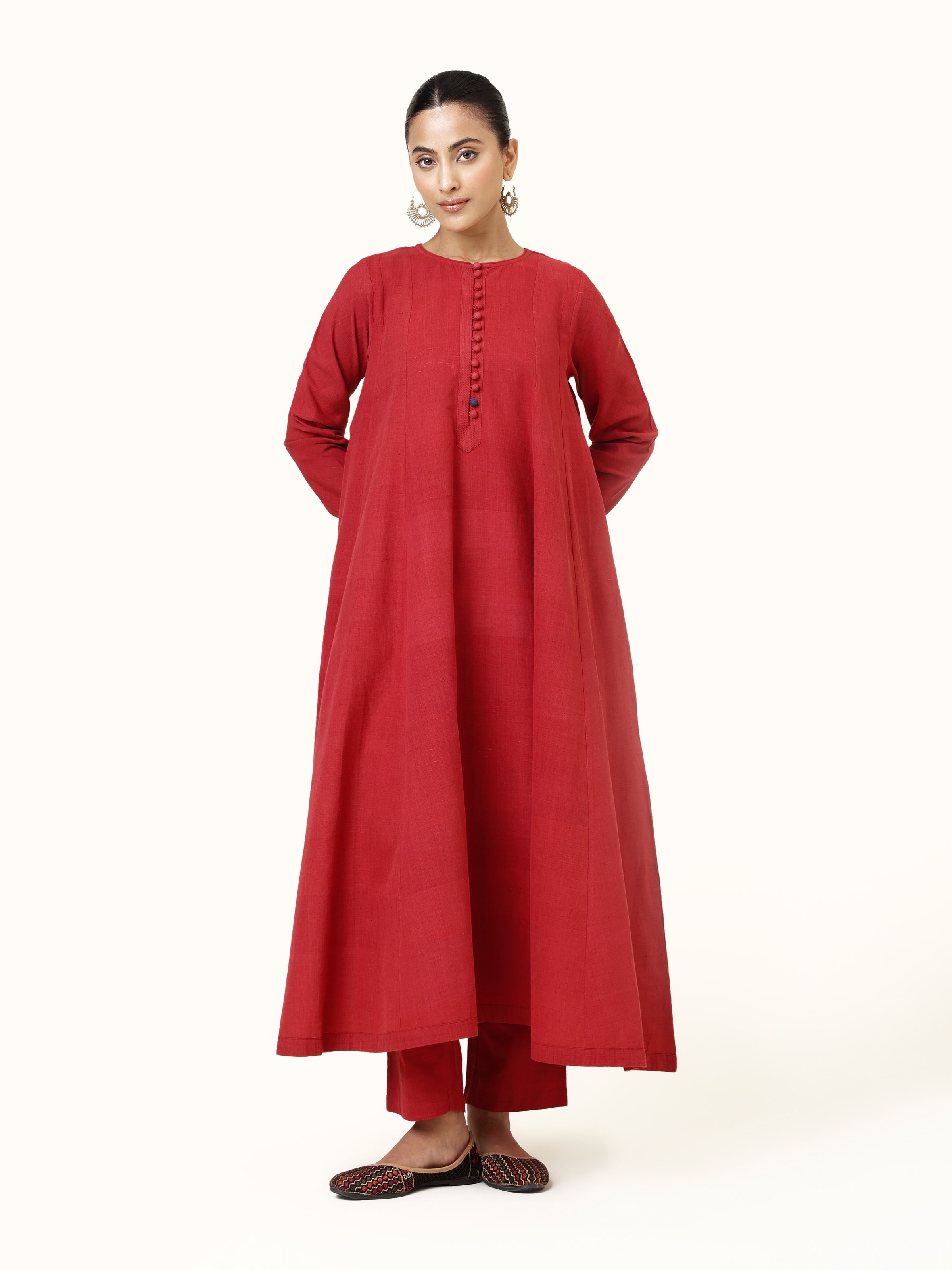 Front view of the Red Cotton Anarkali Kurta highlighting its flare and detailed neckline
