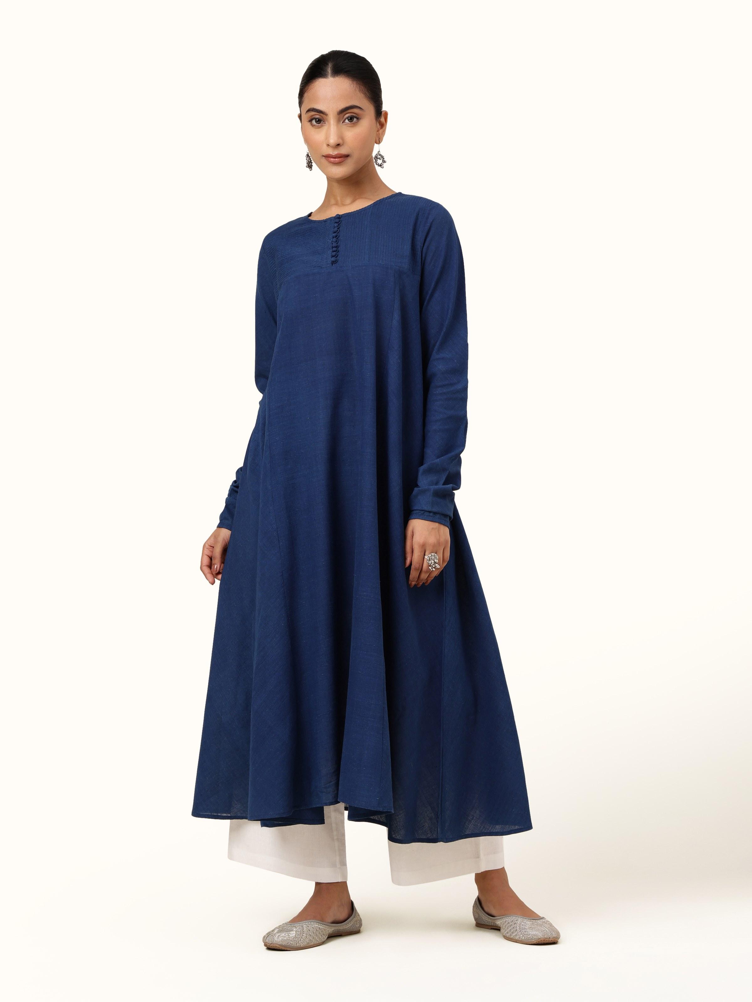 Front view of indigo cotton Anarkali kurta with flared silhouette and delicate buti print