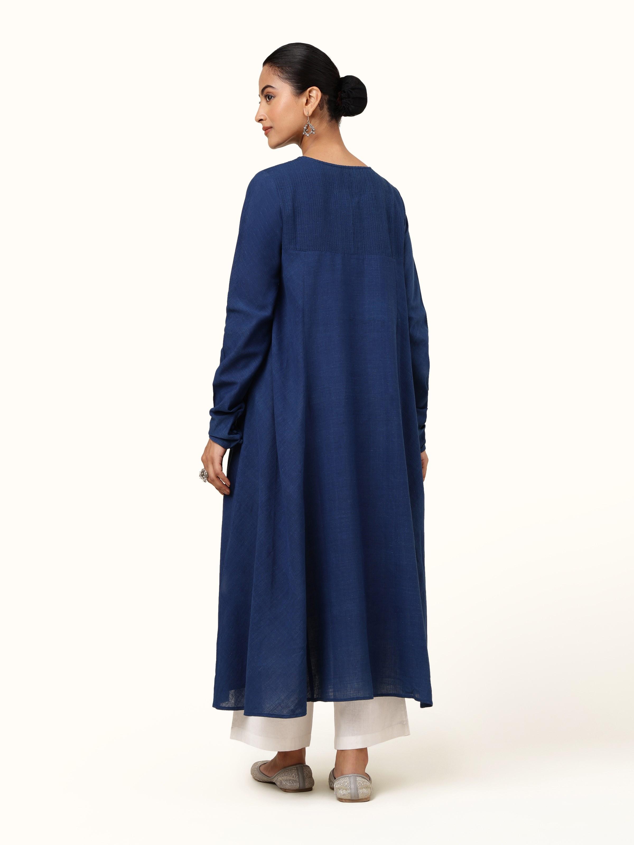 Back view of indigo cotton Anarkali kurta featuring clean finish and subtle detailing