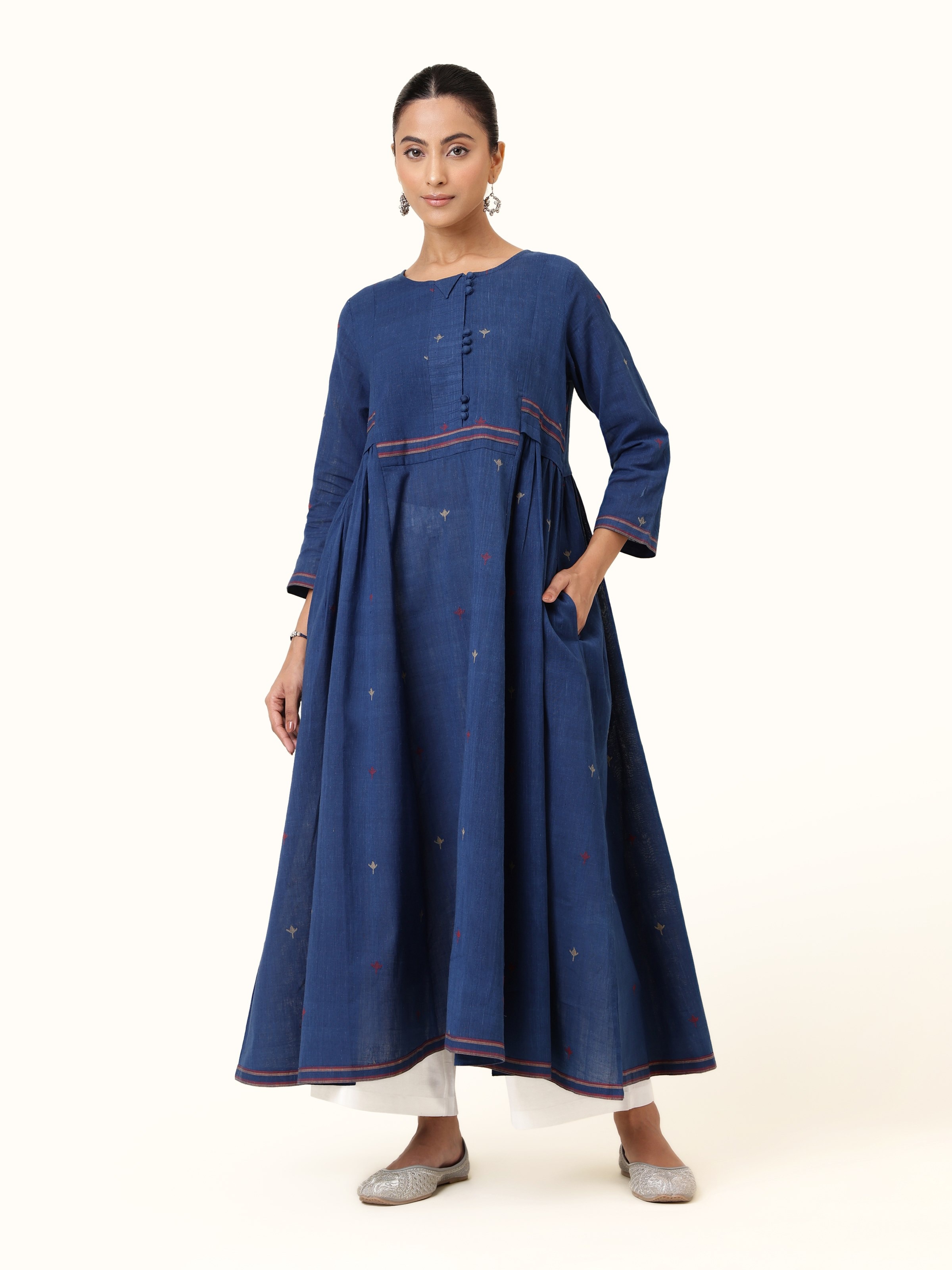 Front view of Indigo Cotton A-Line Kurta showcasing soft fabric and classic cut.